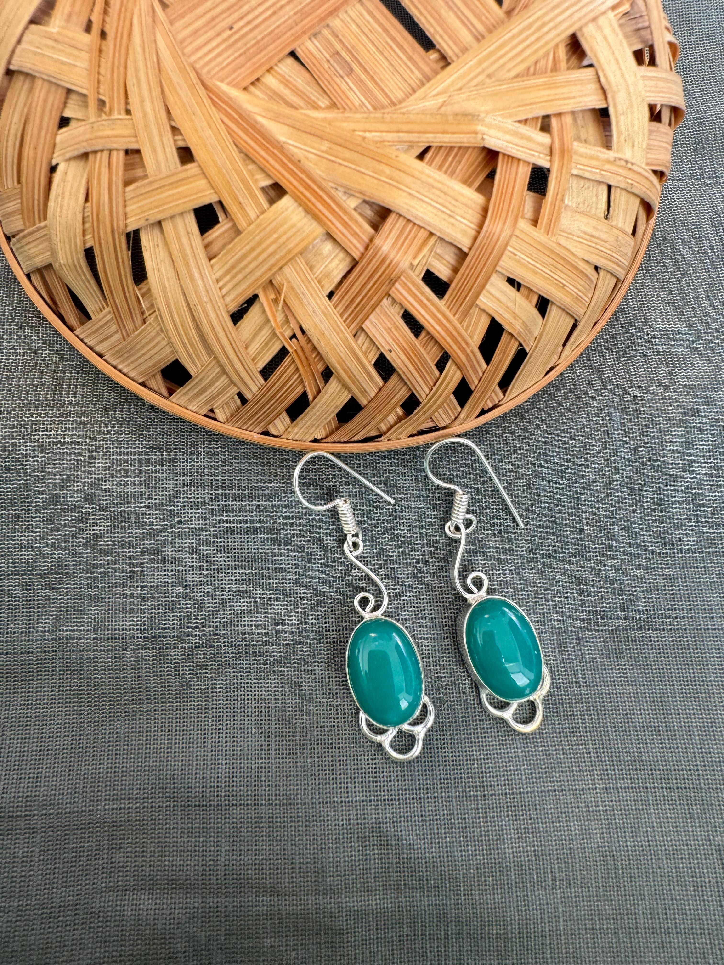 Green Stone Silver Oxidised Drop Earrings