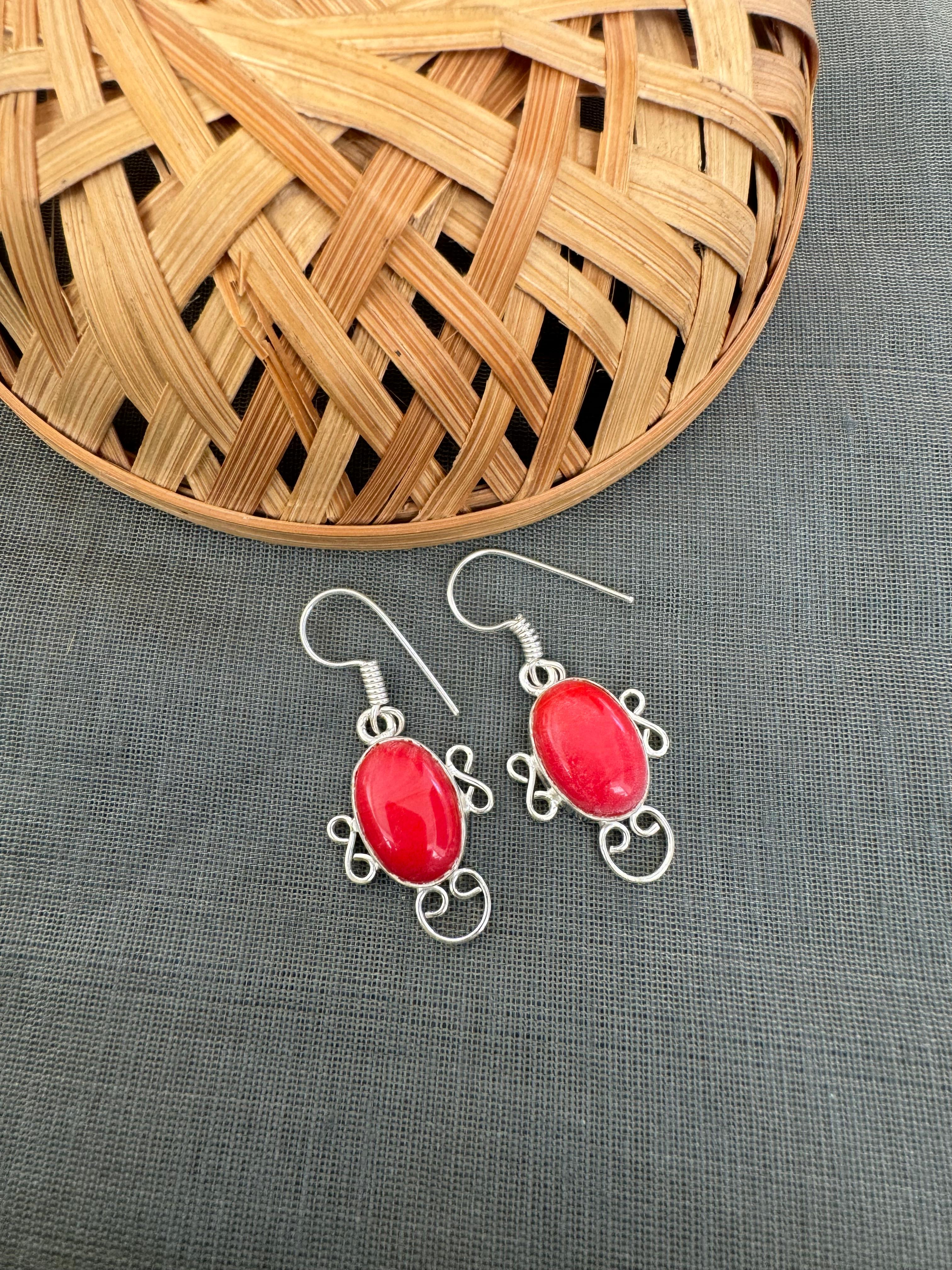 Red Stone Silver Oxidised Drop Earrings