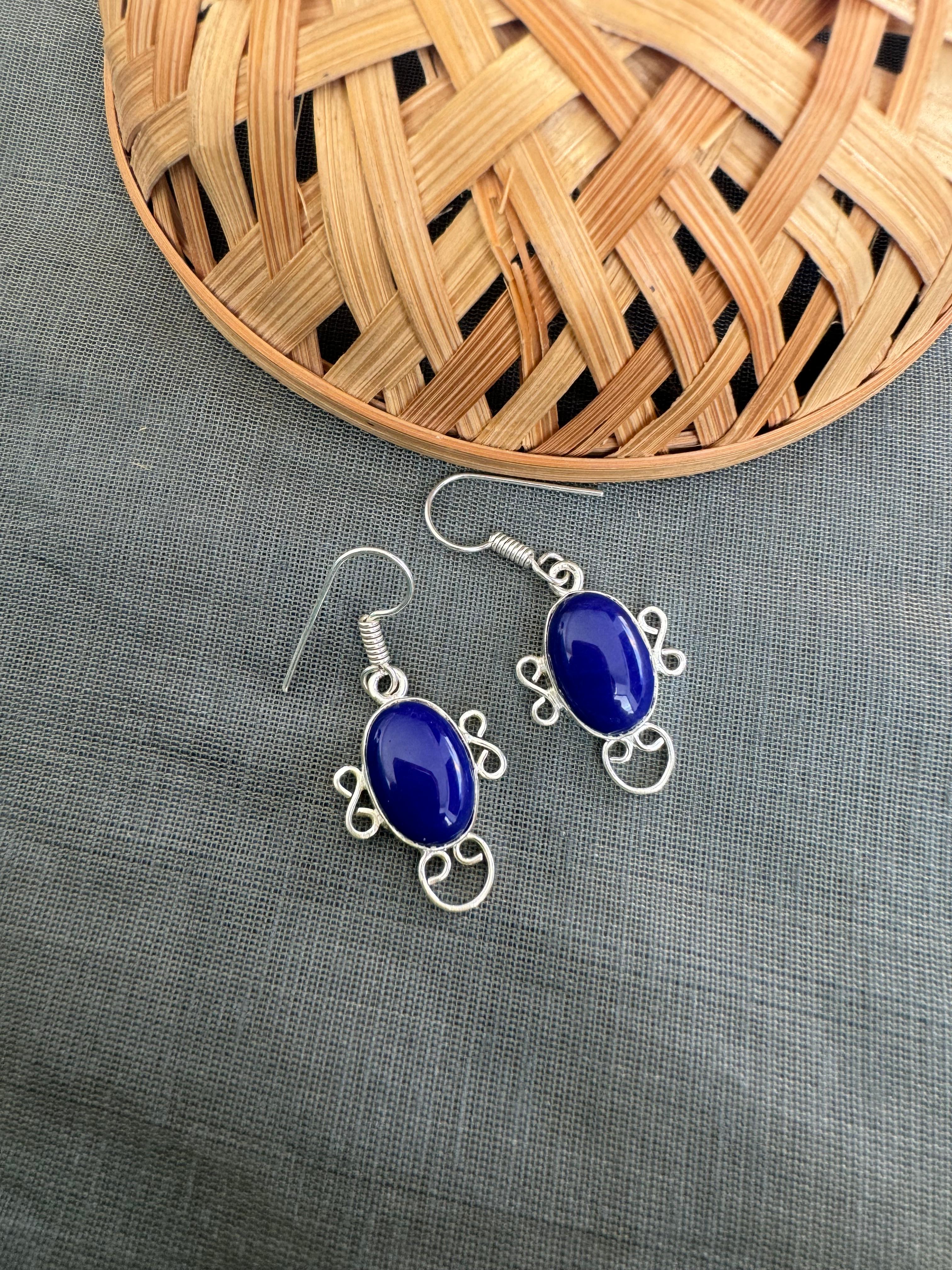 Dark Blue Stone Silver Oxidised Drop Earrings