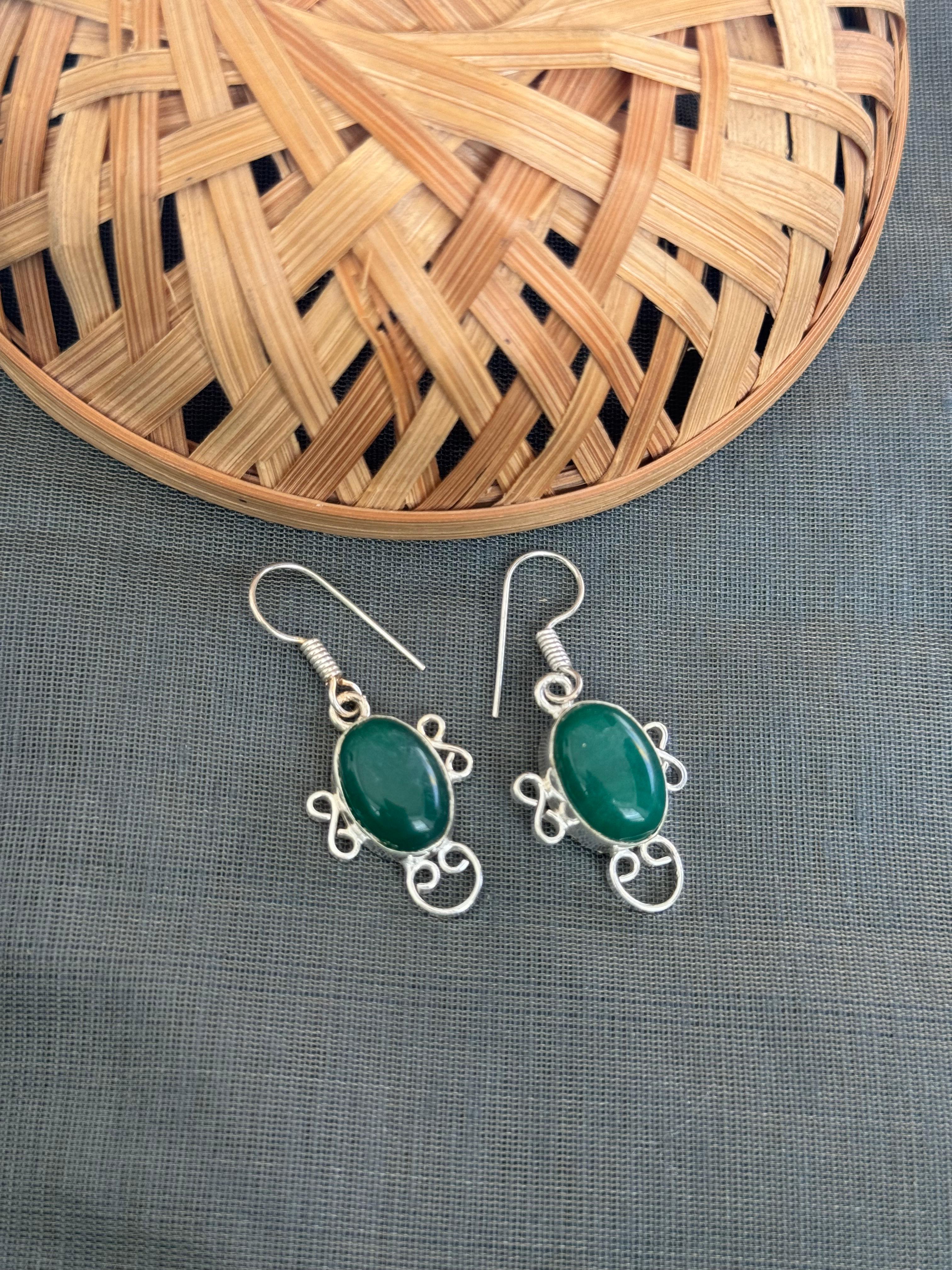 Dark Green Stone Silver Oxidised Earrings