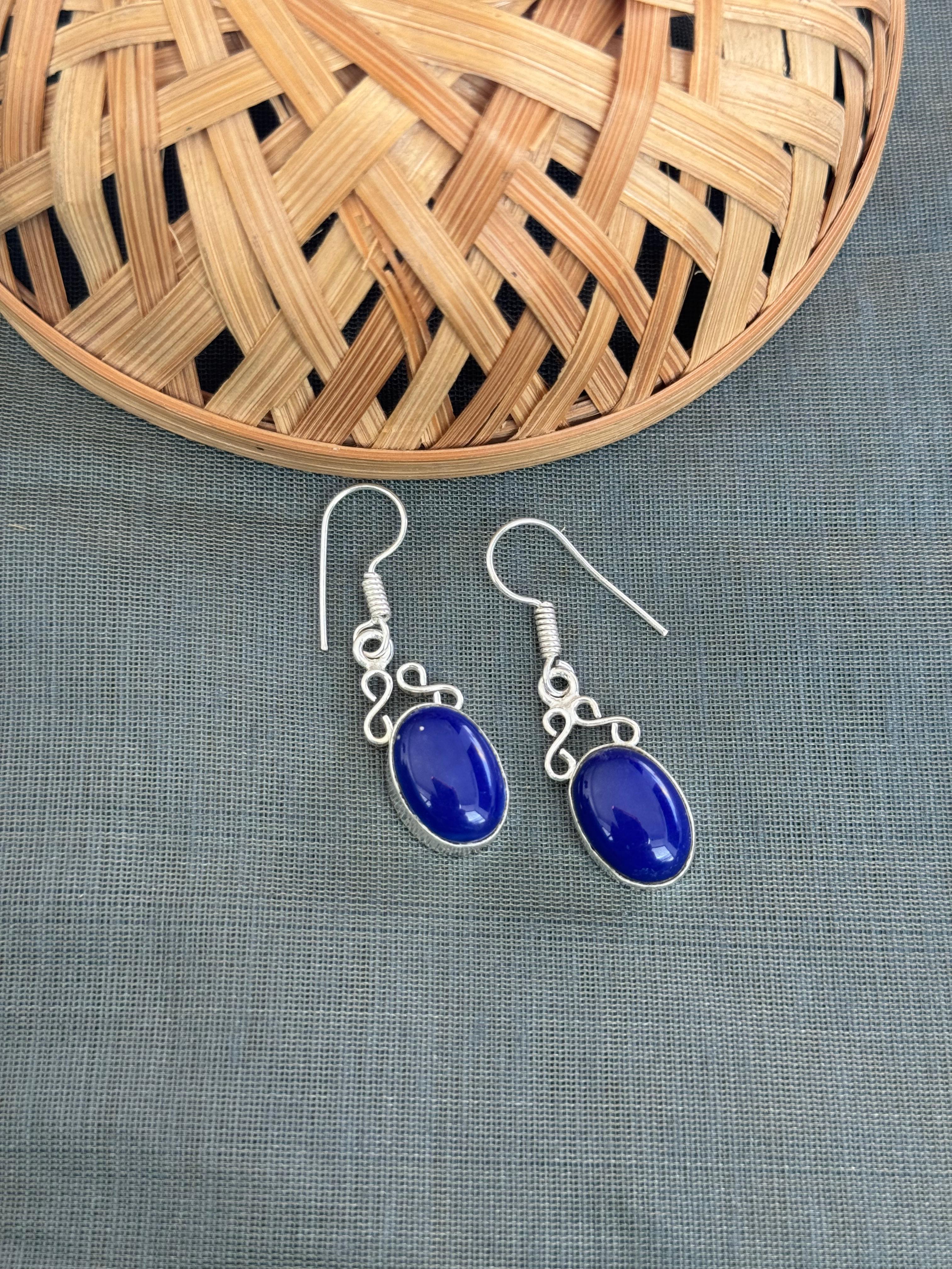 Dark Blue Stone Silver Oxidised Earrings