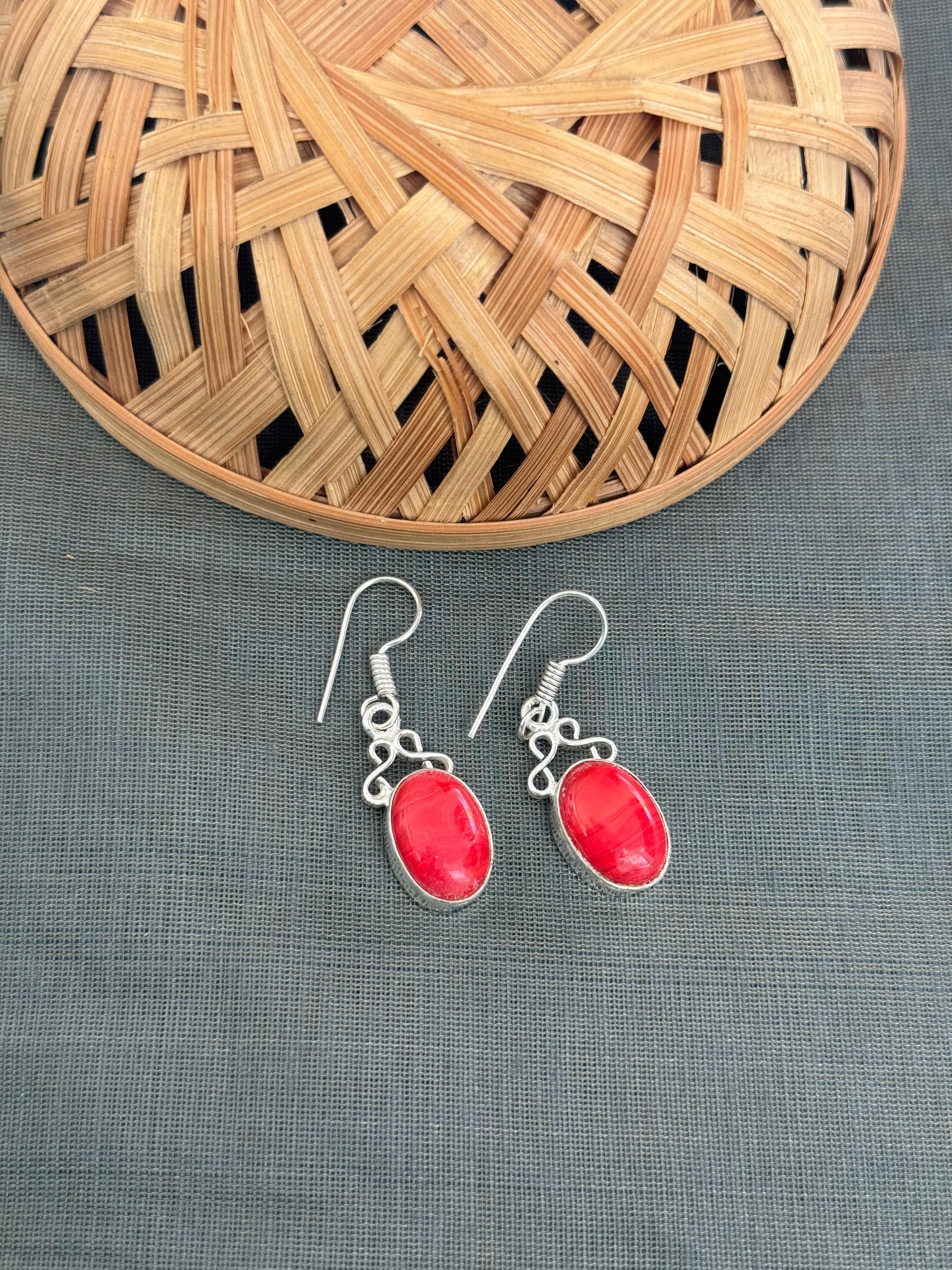 Red Stone Silver Oxidised Earrings