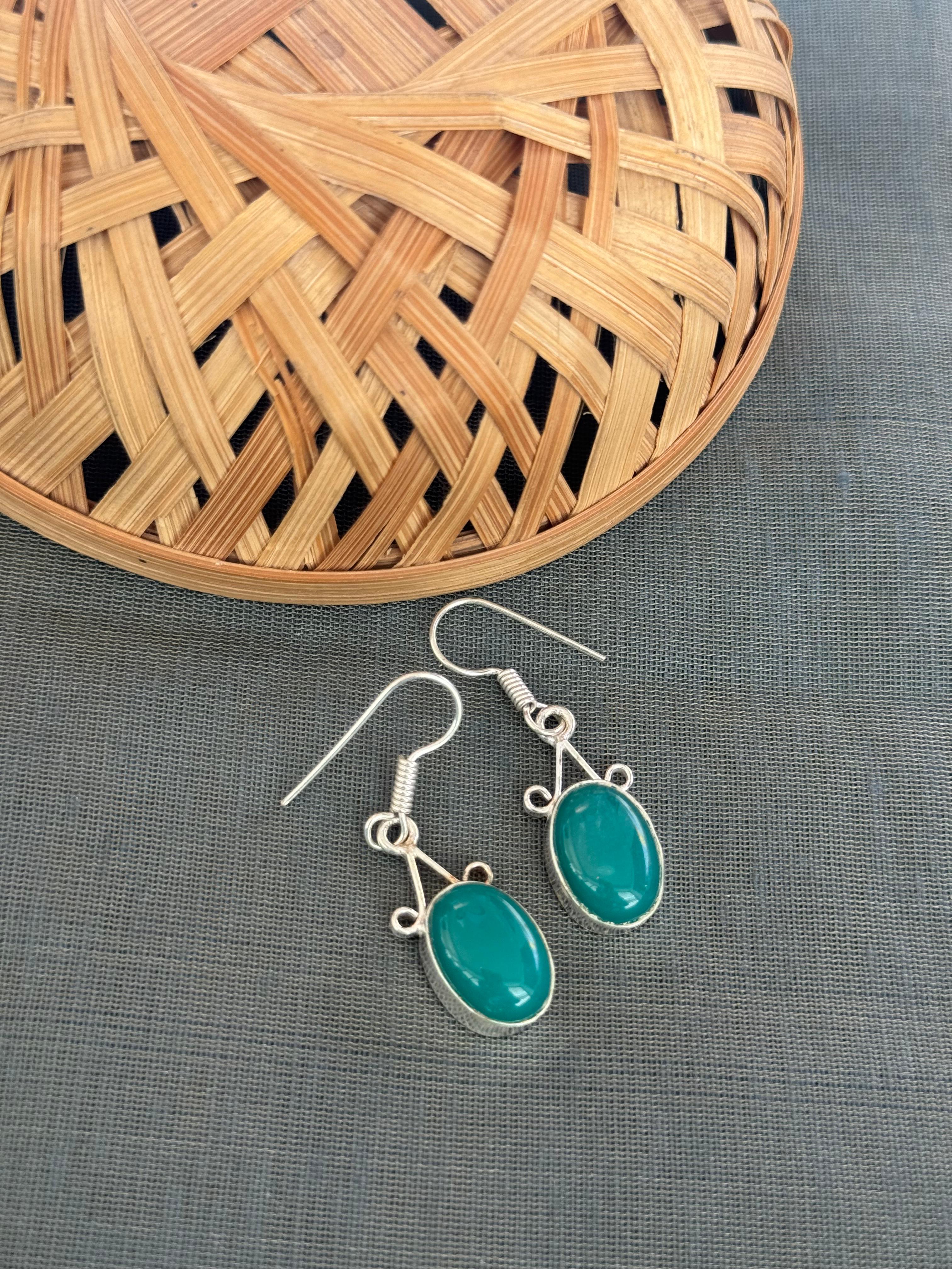 Teal Stone Silver Oxidised Earrings