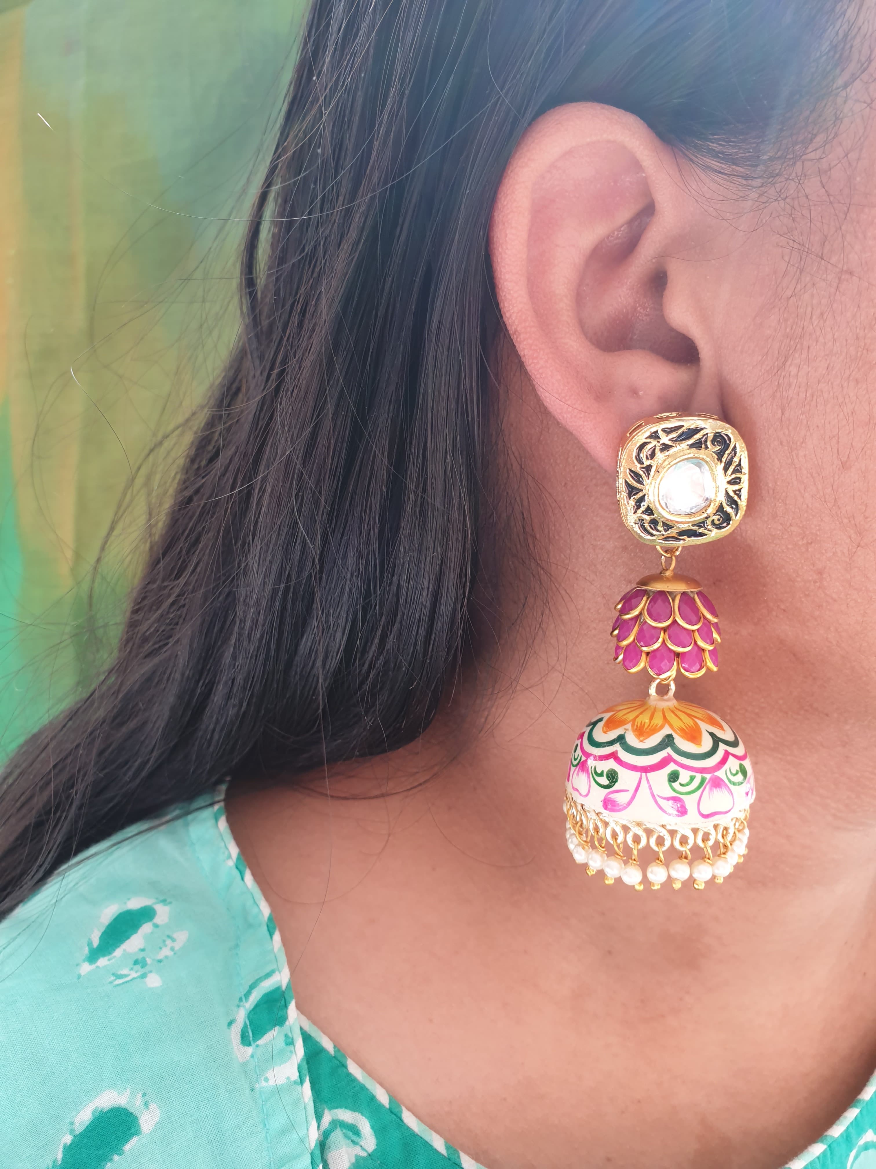 White Handpainted Jhumki Layered Earrings