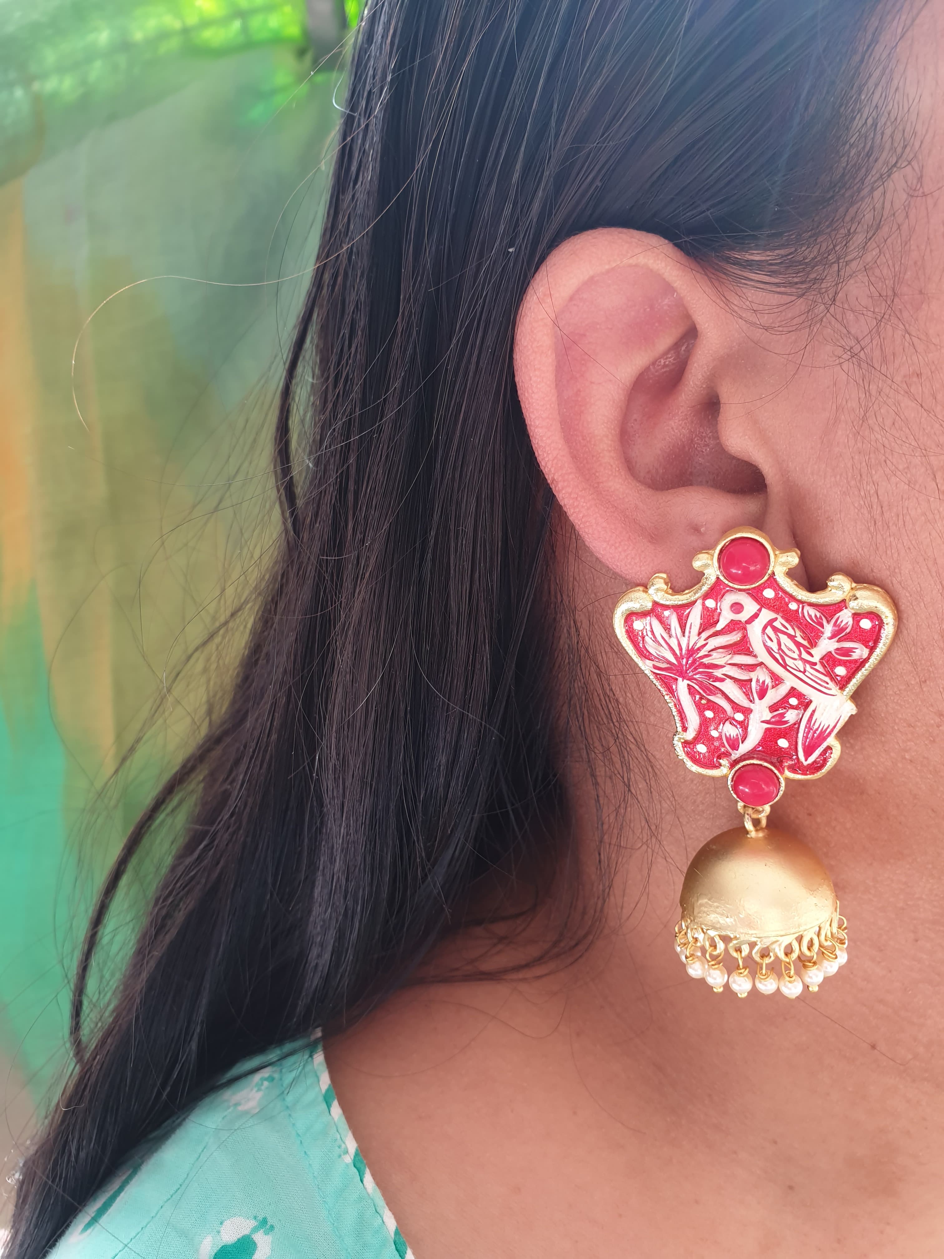 Red Bird Handpainted Jhumki Earrings