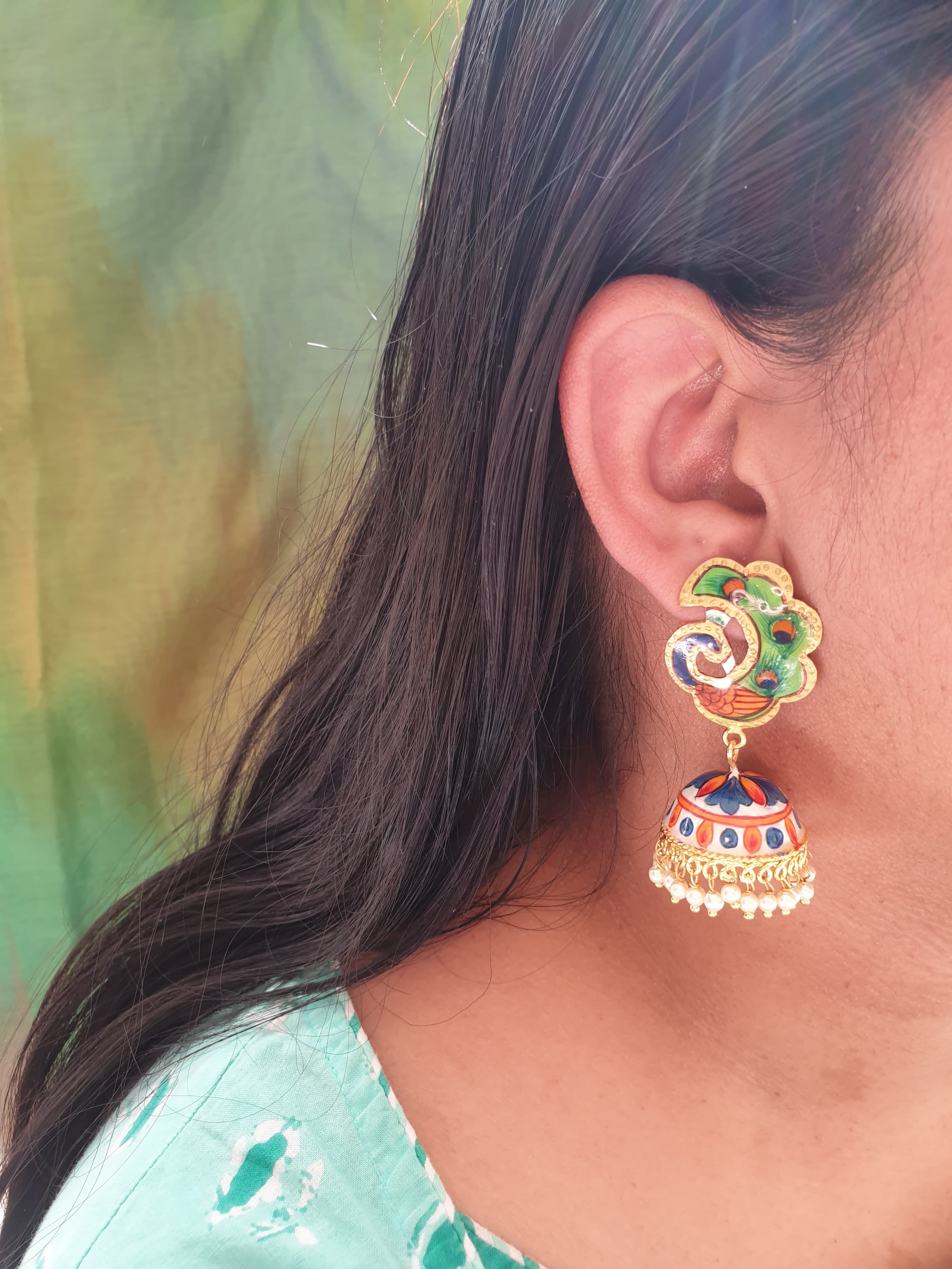 Multicolor Peacock Handpainted Jhumki Earrings