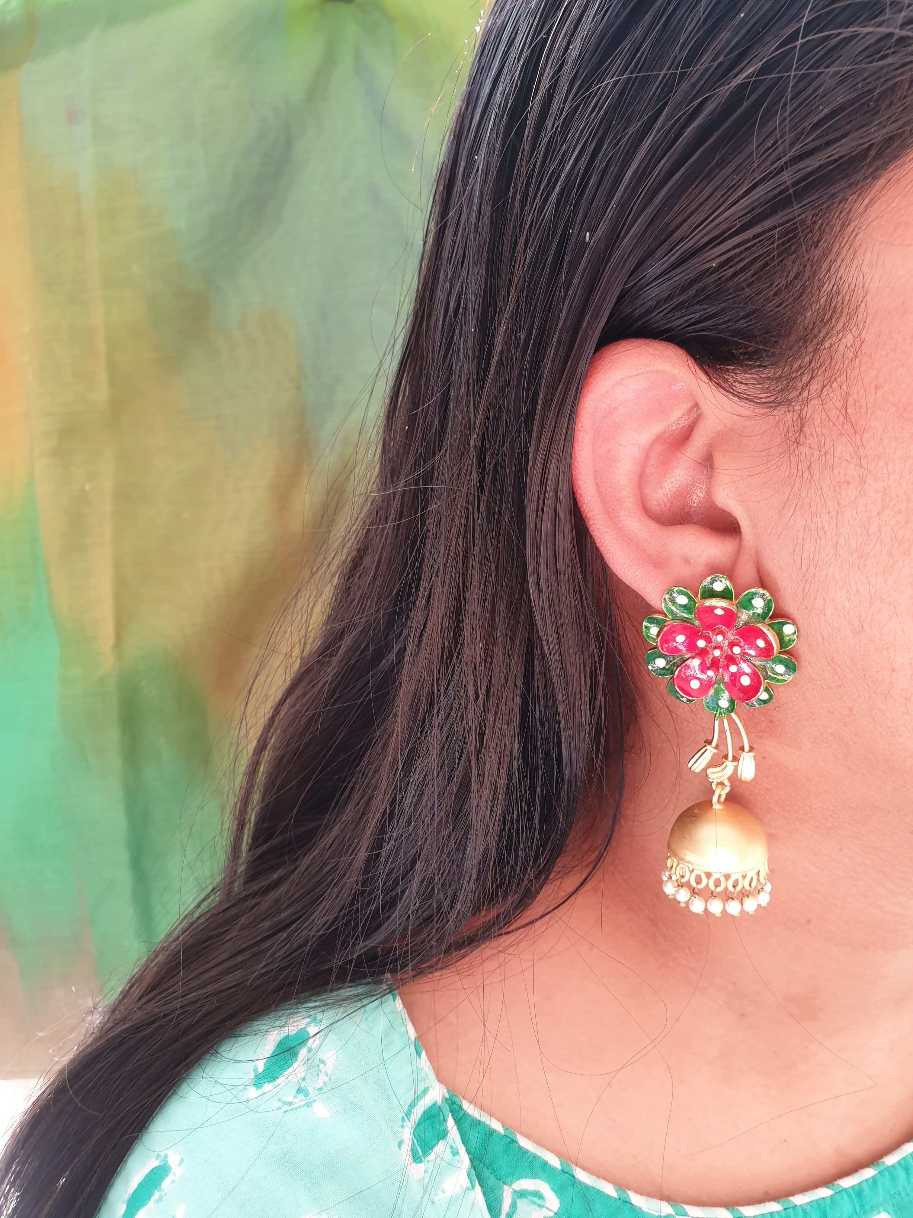 Red Green Floral Handpainted Jhumki Earrings