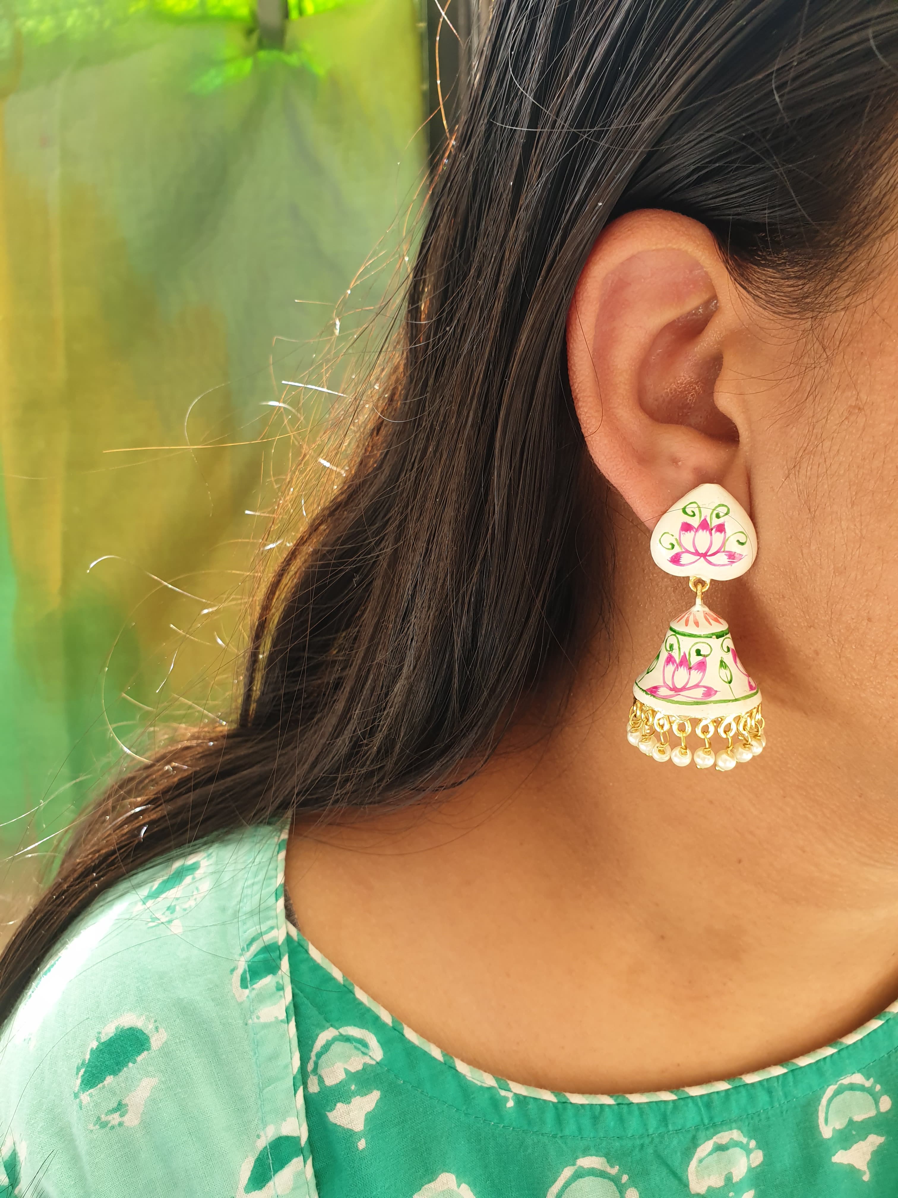 White Handpainted Jhumki Earrings