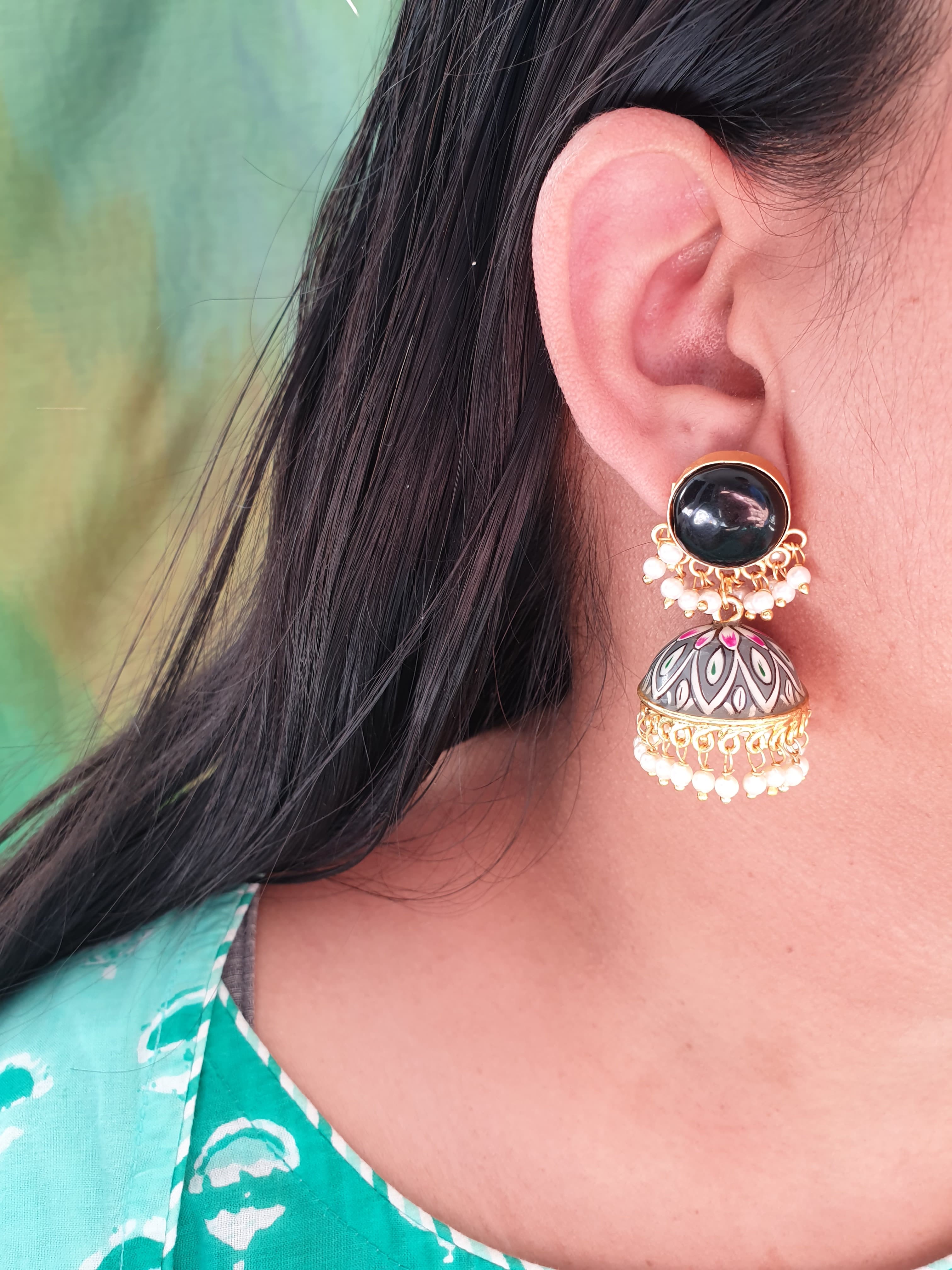 Black Stone Grey Handpainted Jhumki Earrings – Jaipri