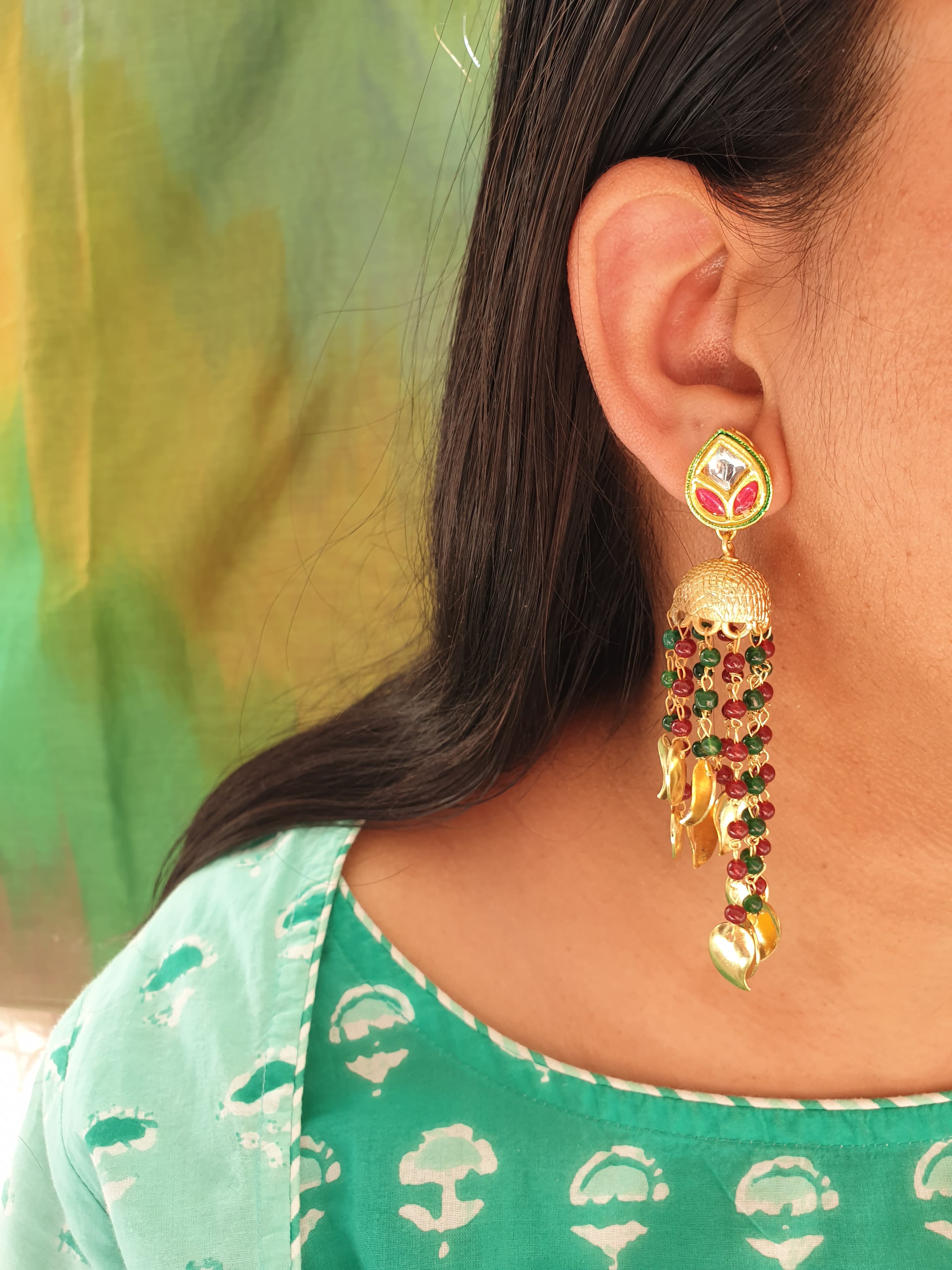 Red Green Beaded Gold Jhumki Earrings