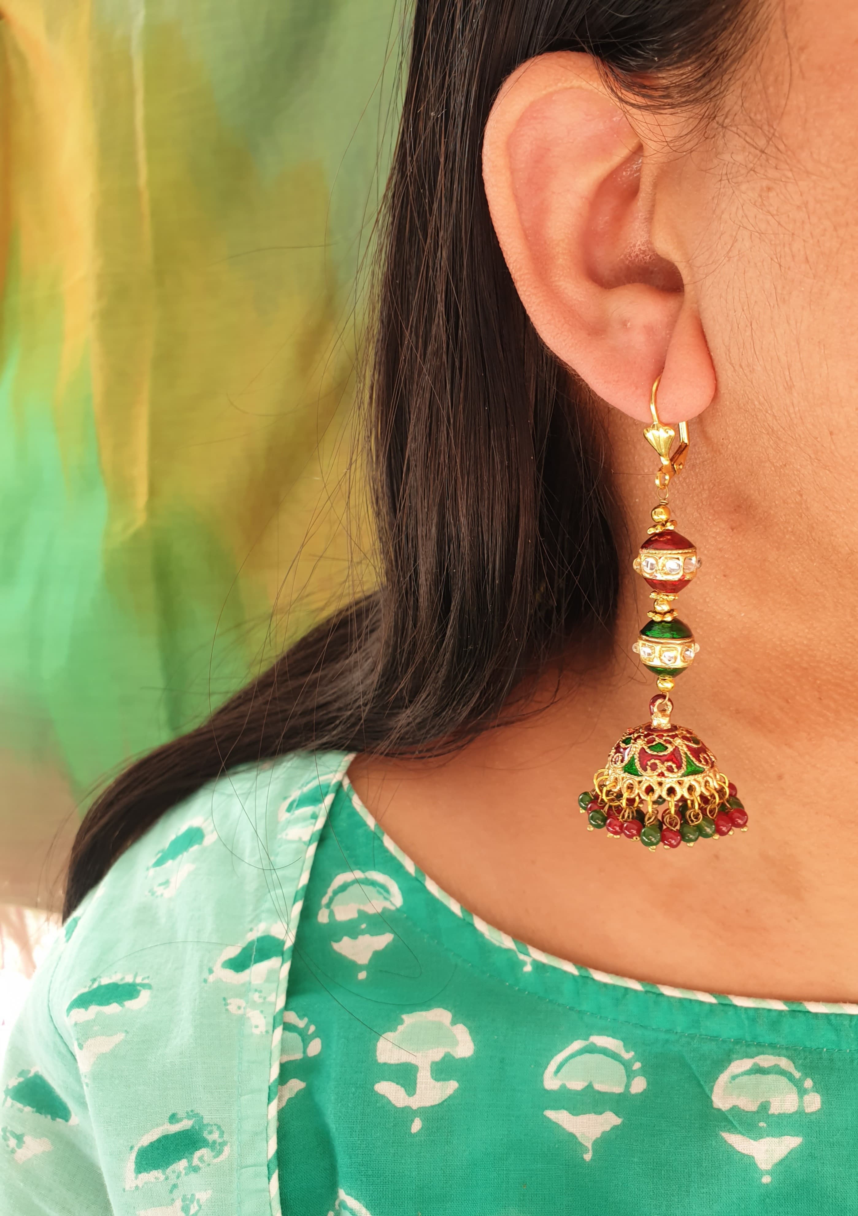 Red Green Long Beaded Gold Jhumki Earrings