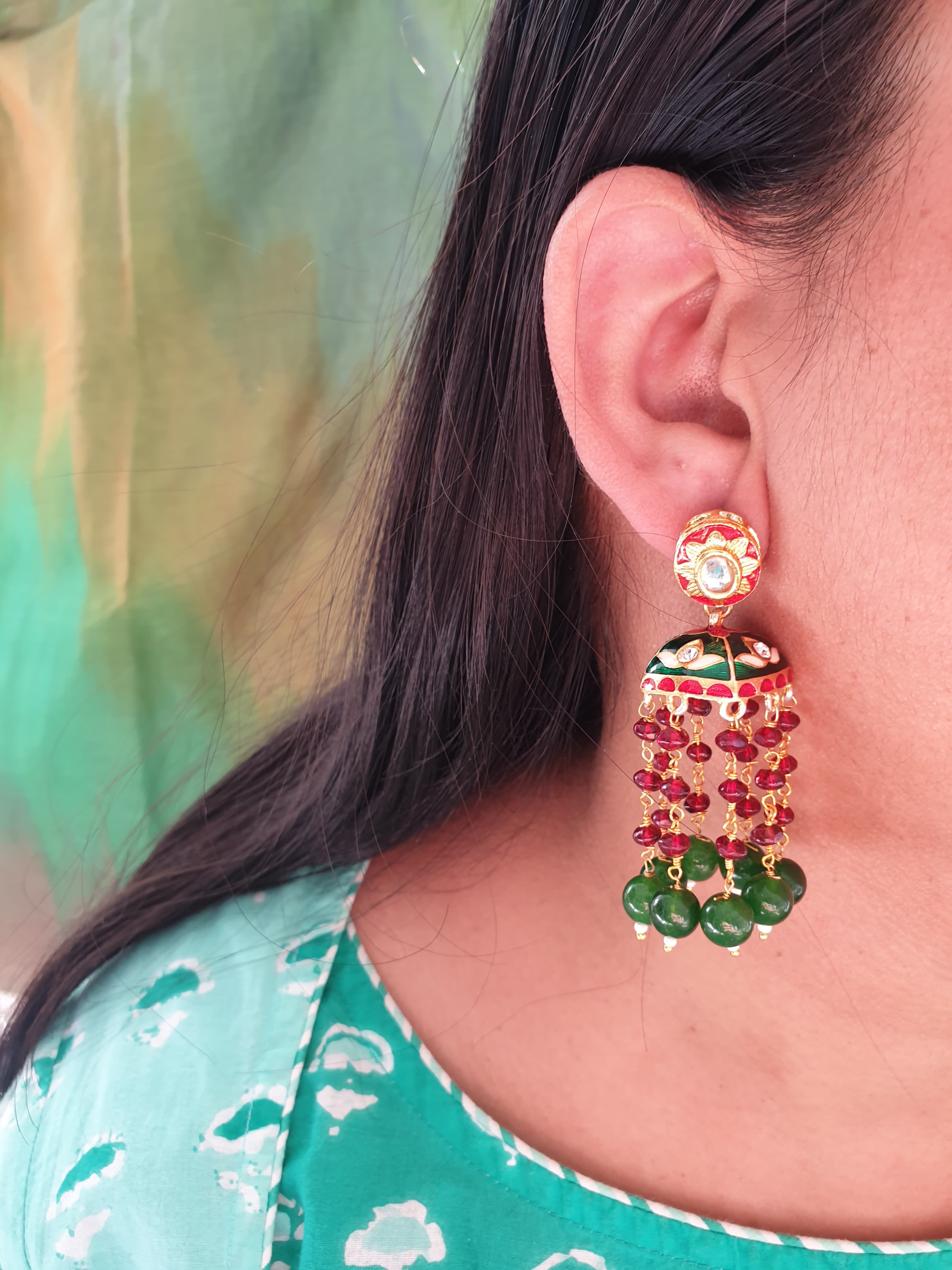 Maroon Green Meenakari Long Earrings