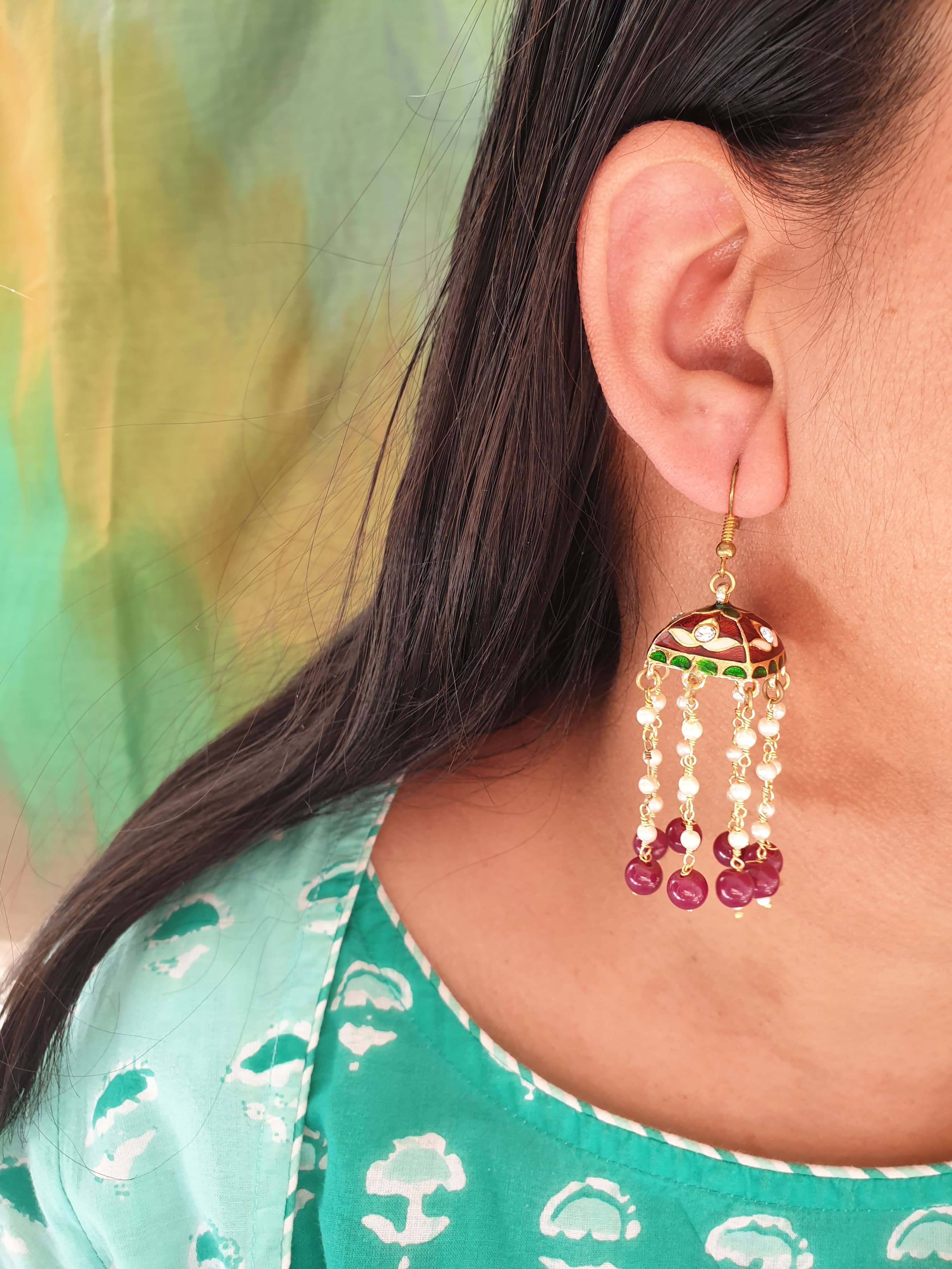 White Meenakari Long Pearl Earrings