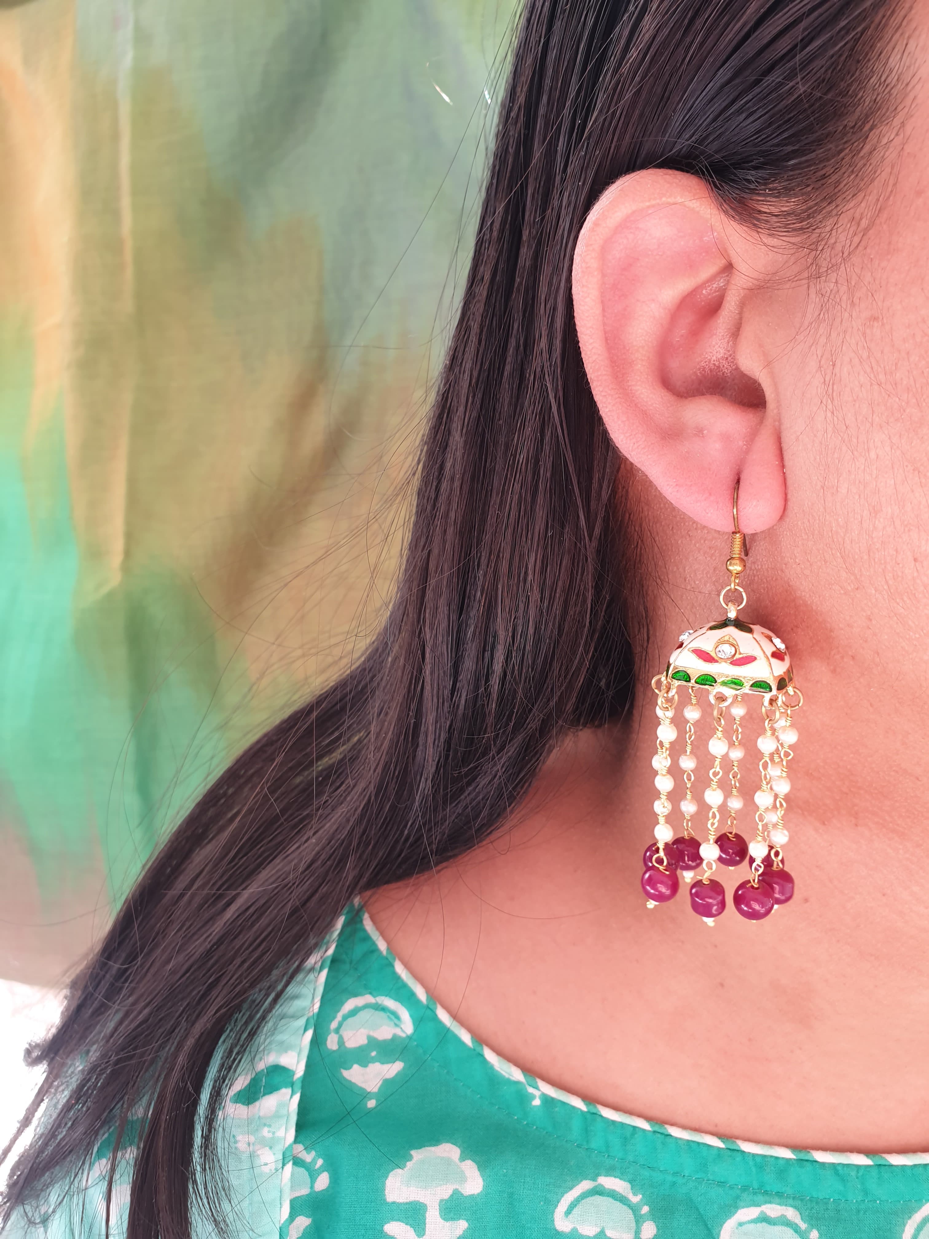 Maroon Meenakari Long Pearl Hoop Earrings