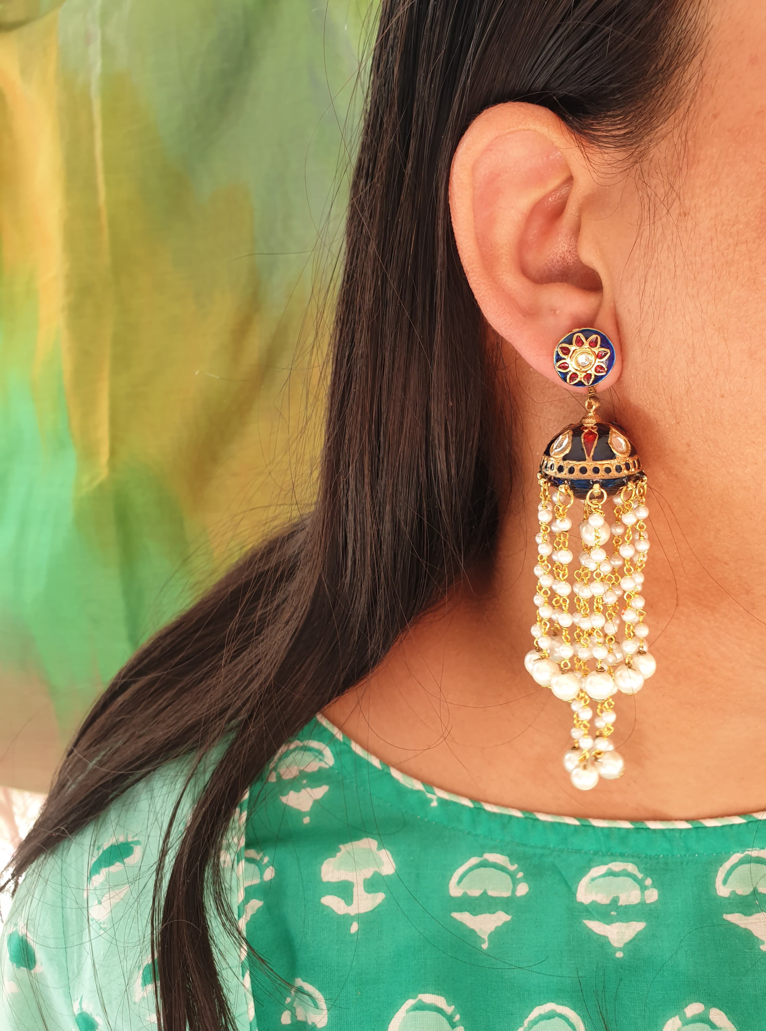 Dark Blue Meenakari Long Pearl Jhumki Earrings