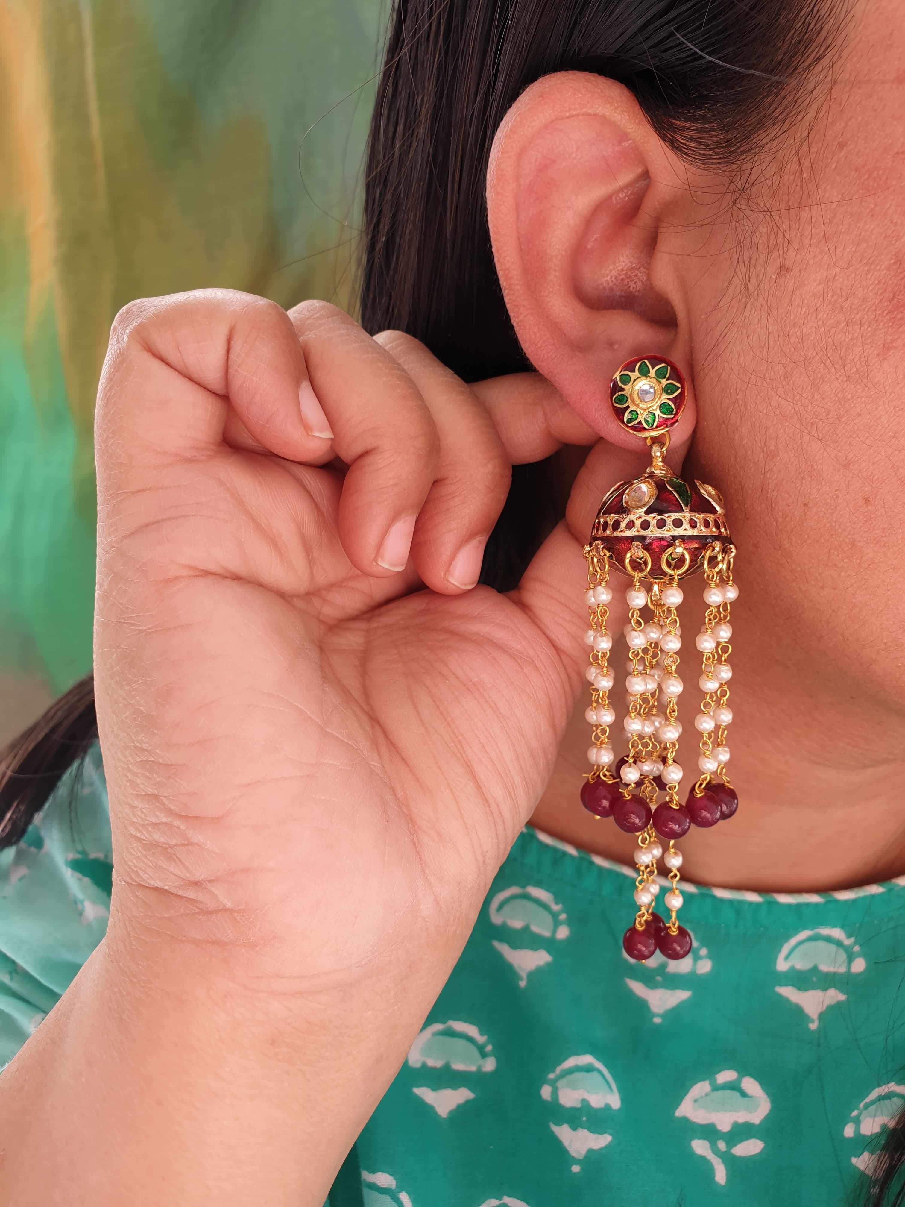 Maroon Meenakari Long Pearl Jhumki Earrings