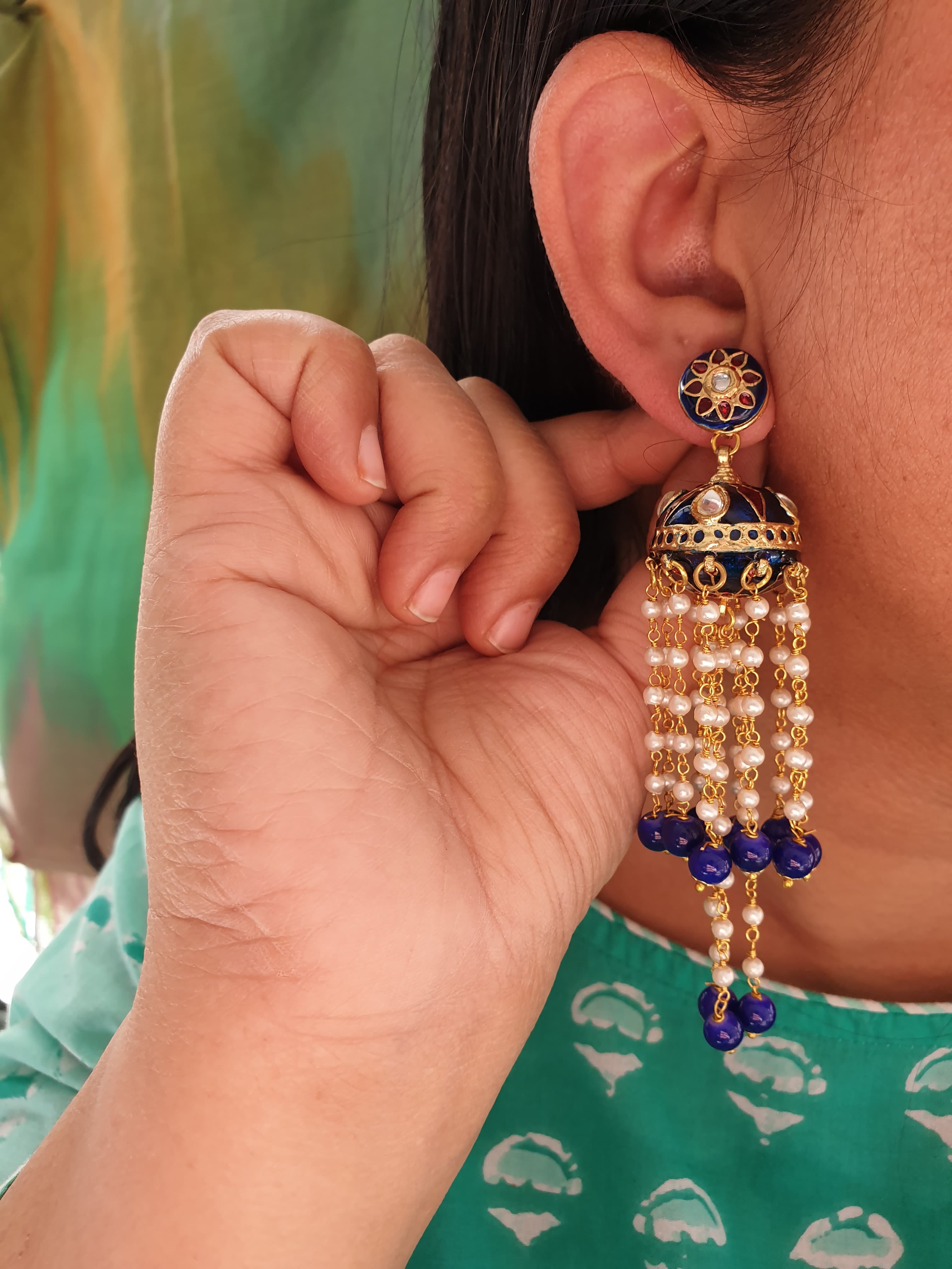 Dark Blue Meenakari Long Pearl Jhumki Earrings