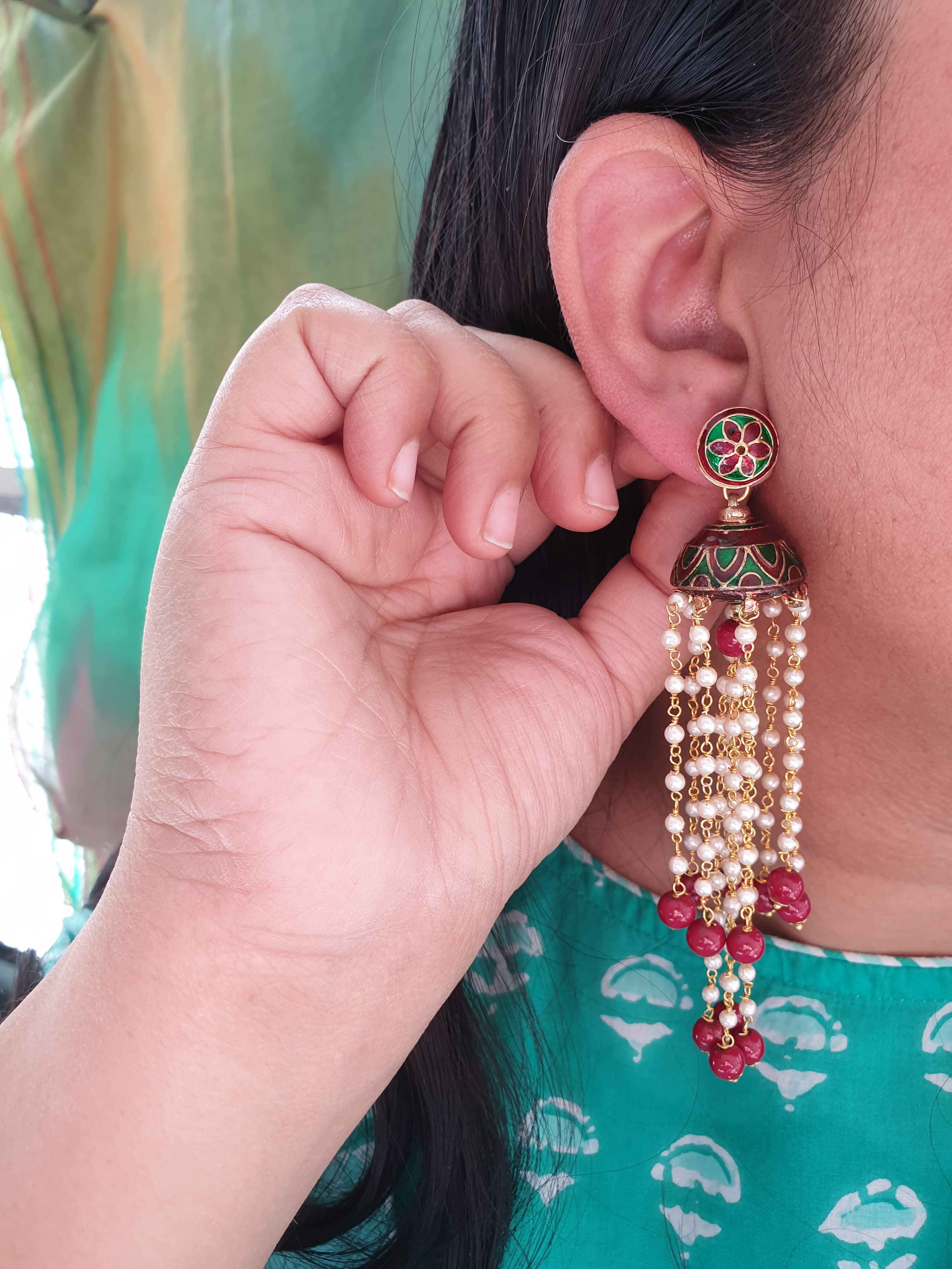 Dark Green And Maroon Meenakari Long Pearl Jhumki Earrings