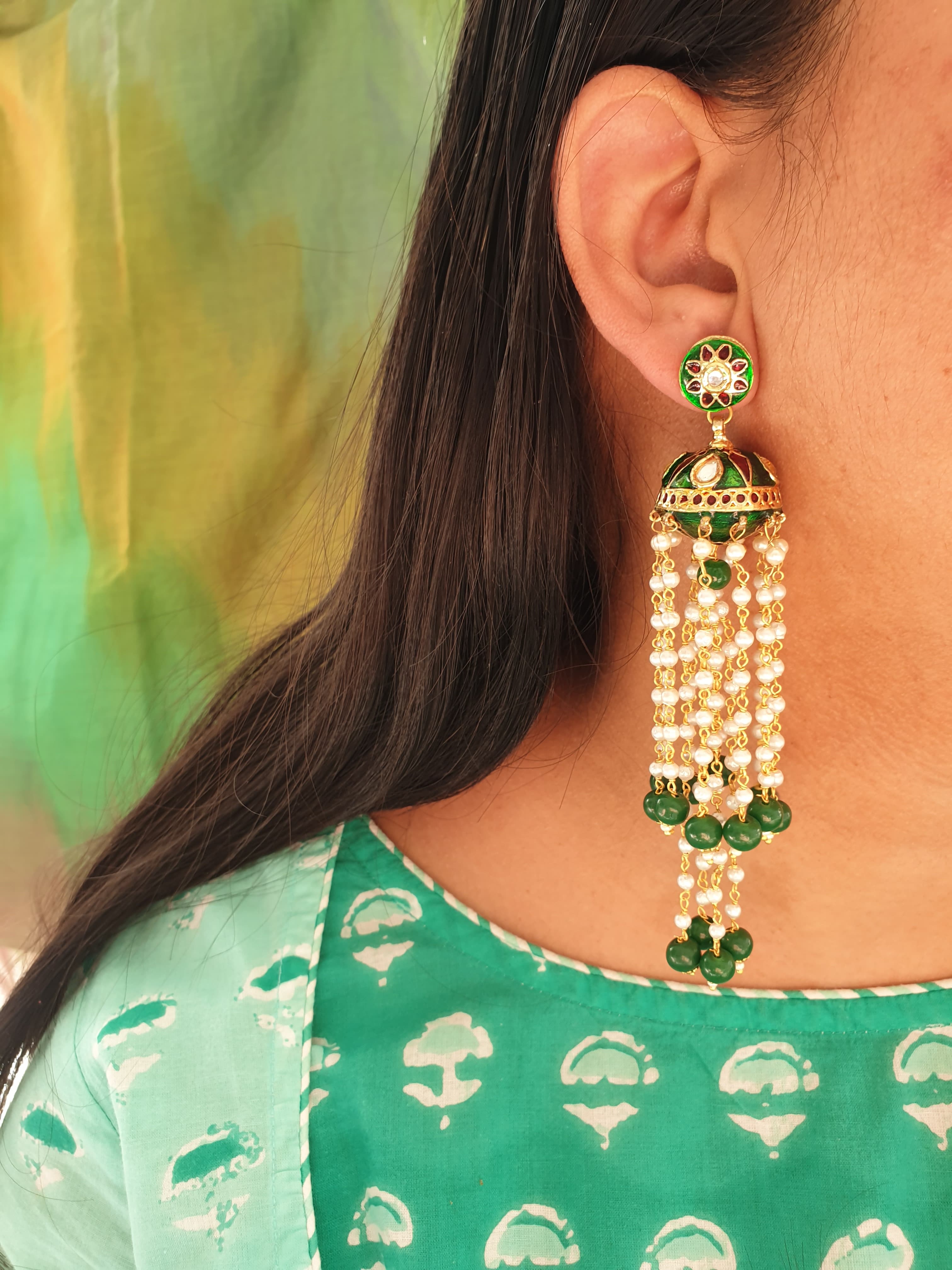 Dark Green Meenakari Long Pearl Jhumki Earrings