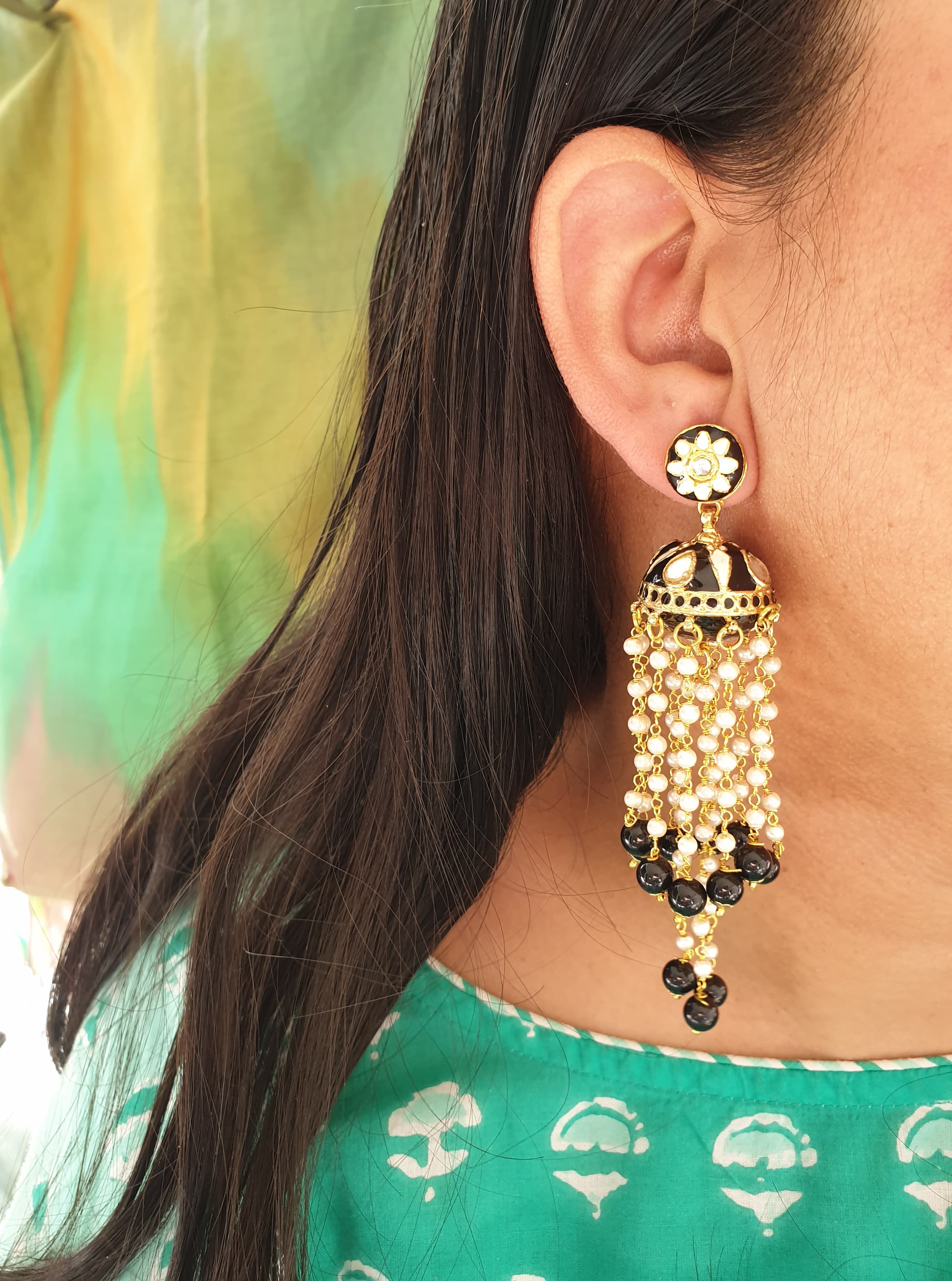 Black Meenakari Long Pearl Jhumki Earrings