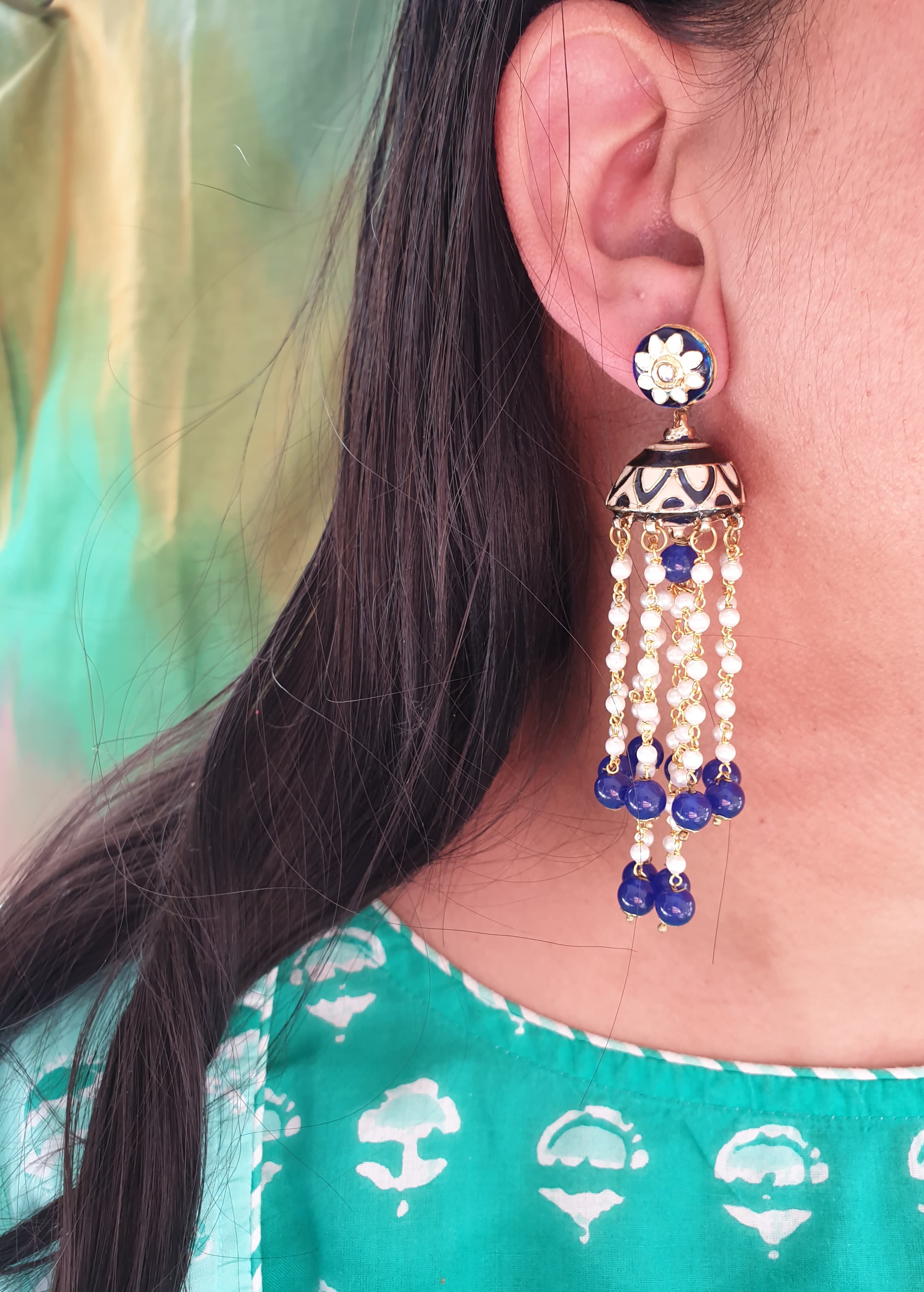 Dark Blue Meenakari Long Pearl Jhumki Earrings