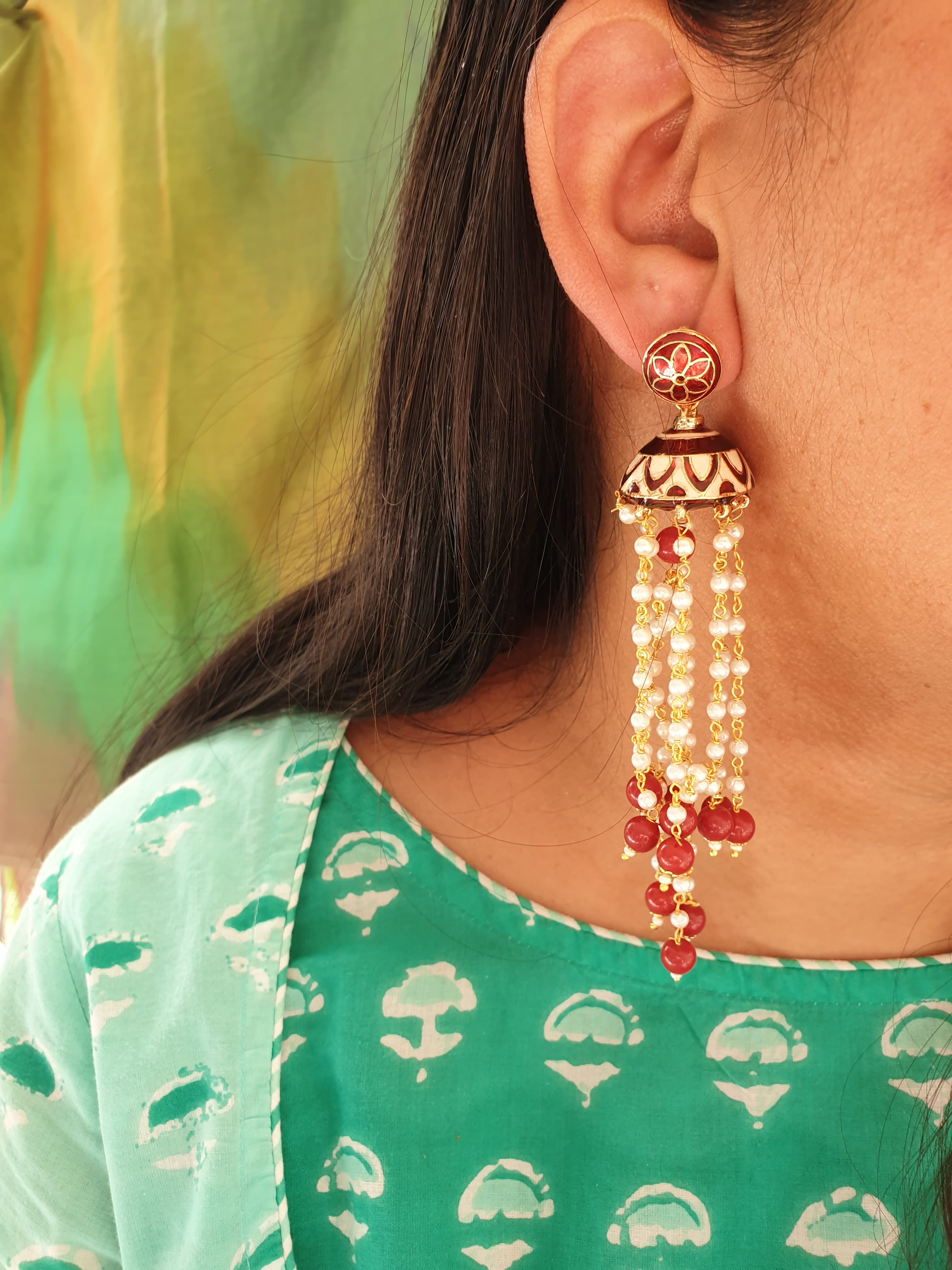 Red Meenakari Long Pearl Jhumki Earrings