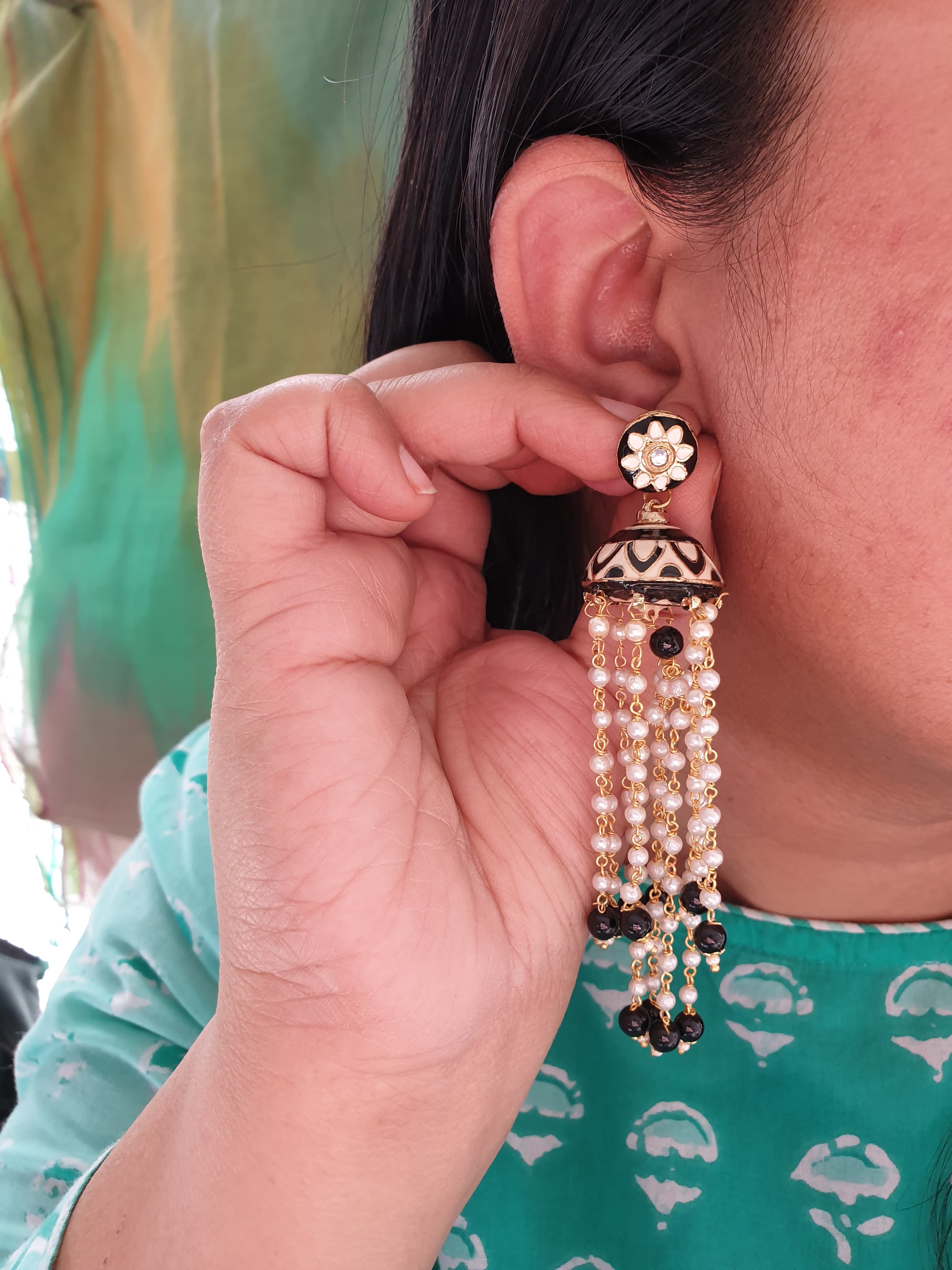 Black Meenakari Long Pearl Jhumki Earrings