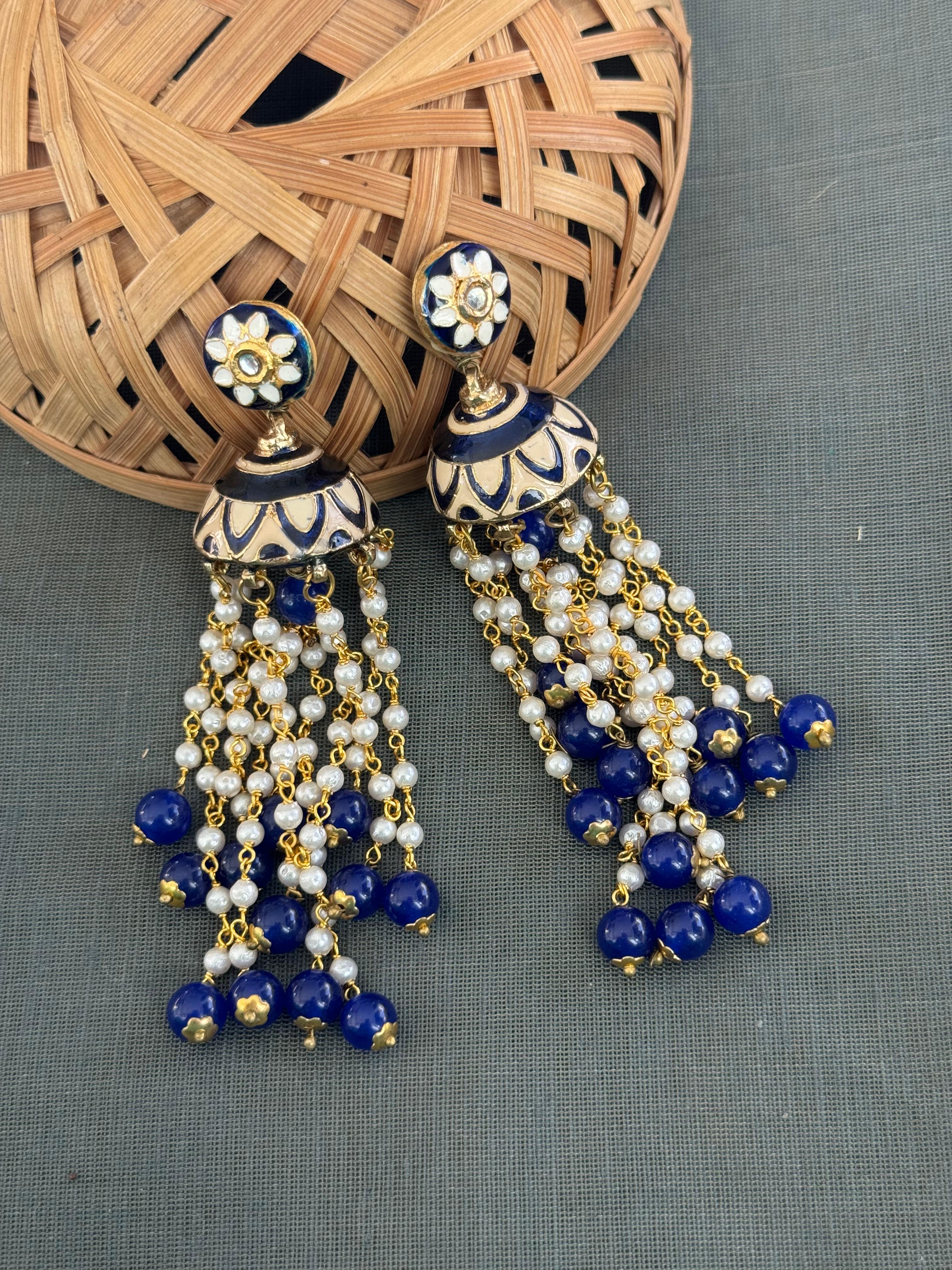 Dark Blue Meenakari Long Pearl Jhumki Earrings