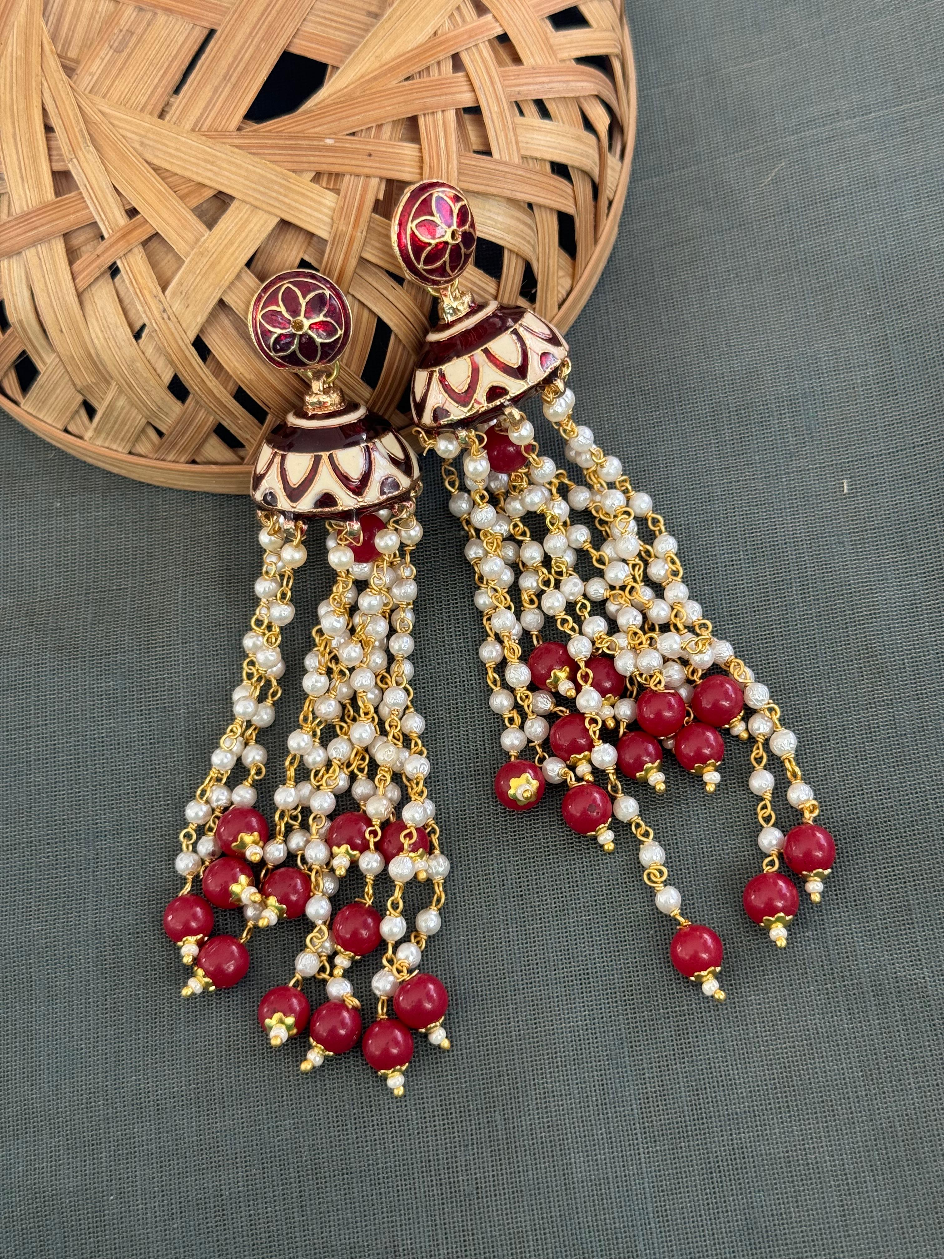 Red Meenakari Long Pearl Jhumki Earrings