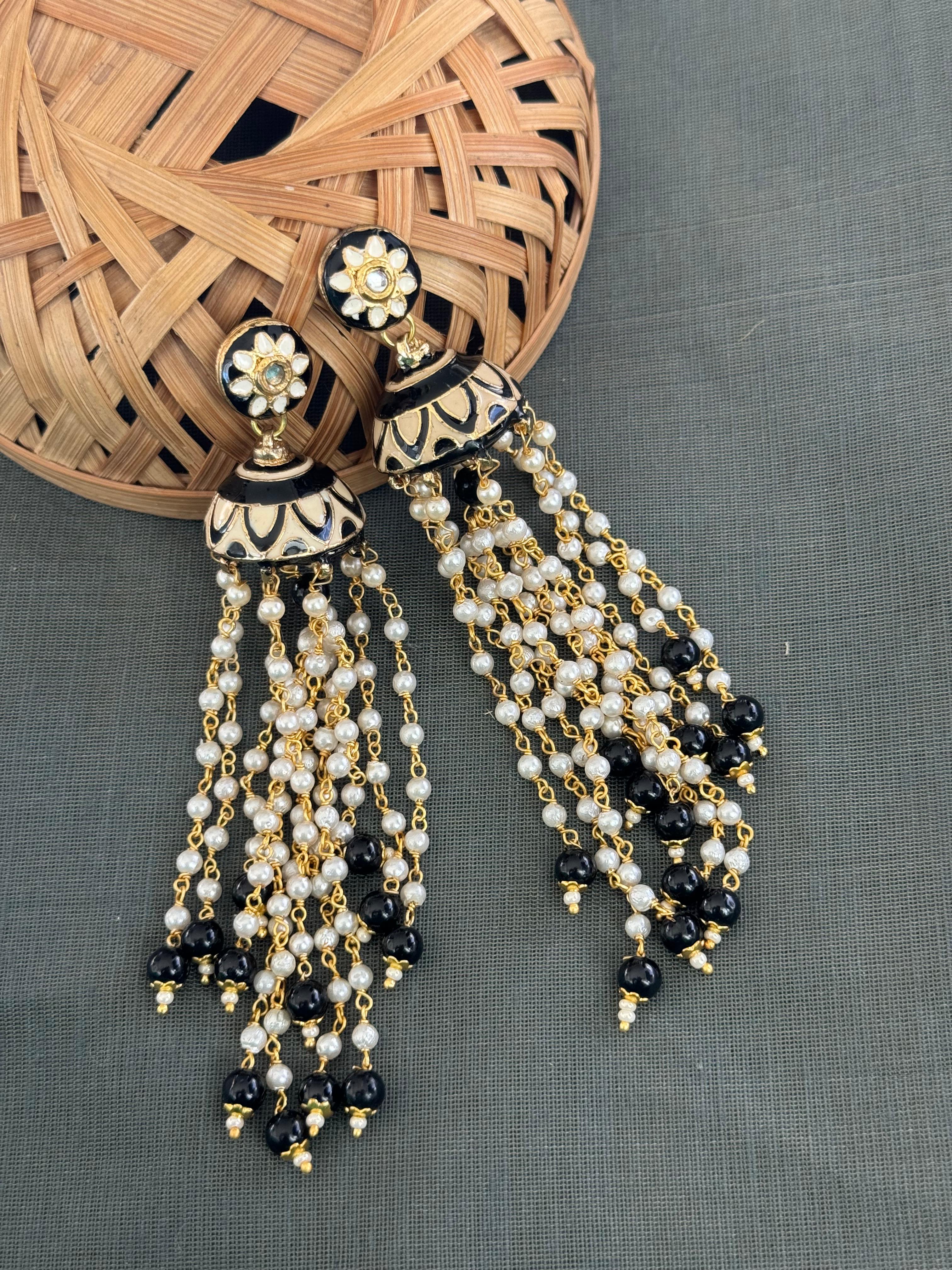 Black Meenakari Long Pearl Jhumki Earrings