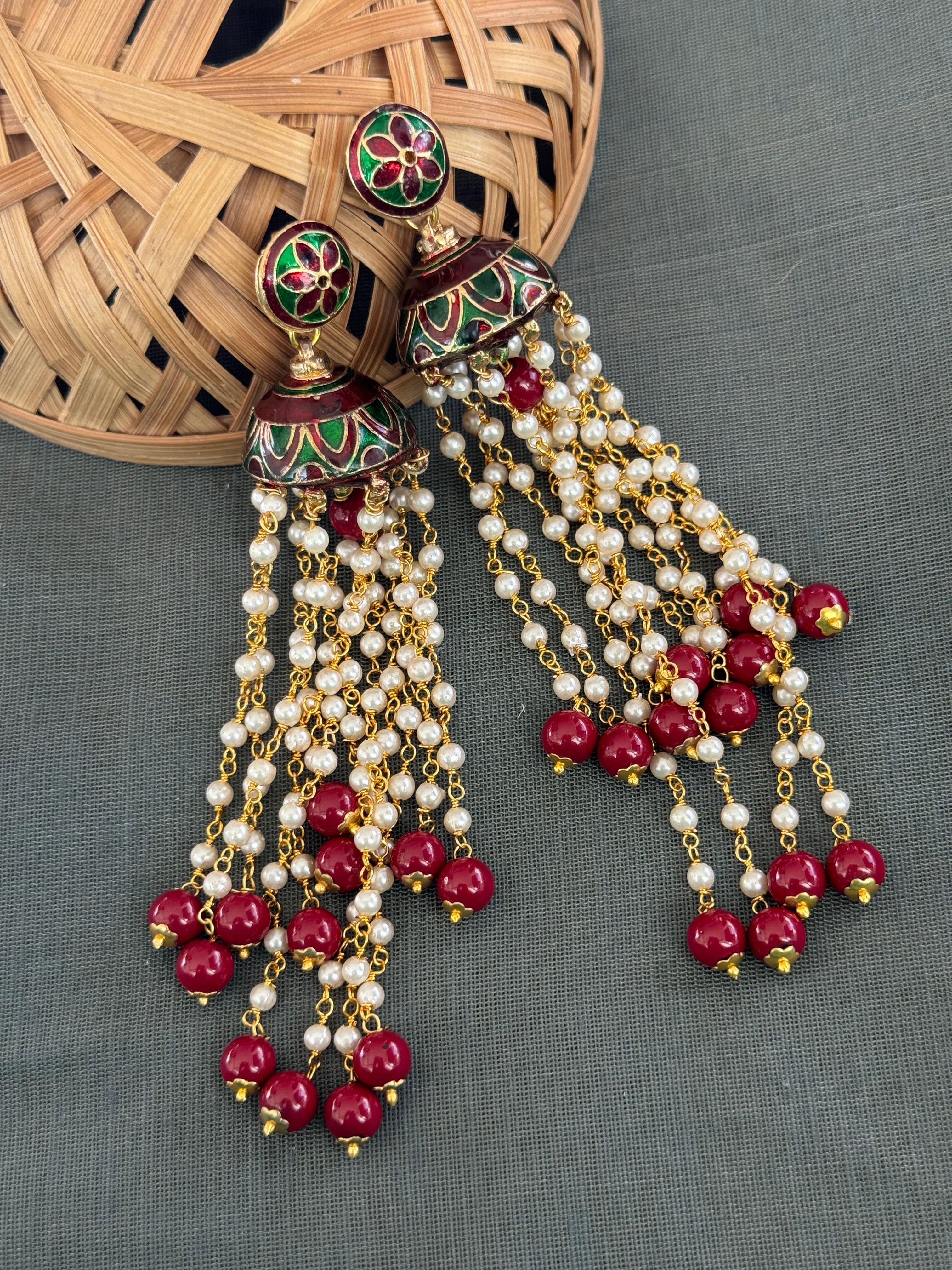 Dark Green And Maroon Meenakari Long Pearl Jhumki Earrings