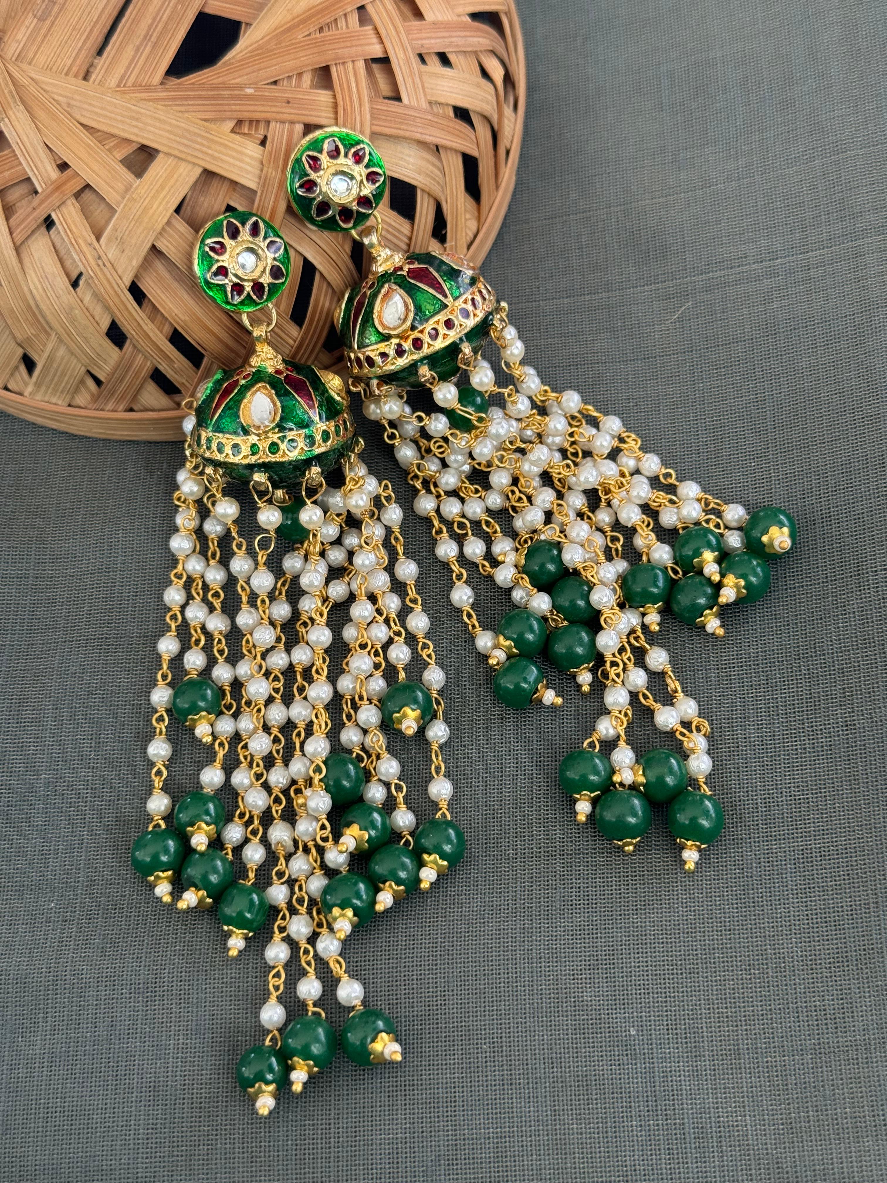 Dark Green Meenakari Long Pearl Jhumki Earrings