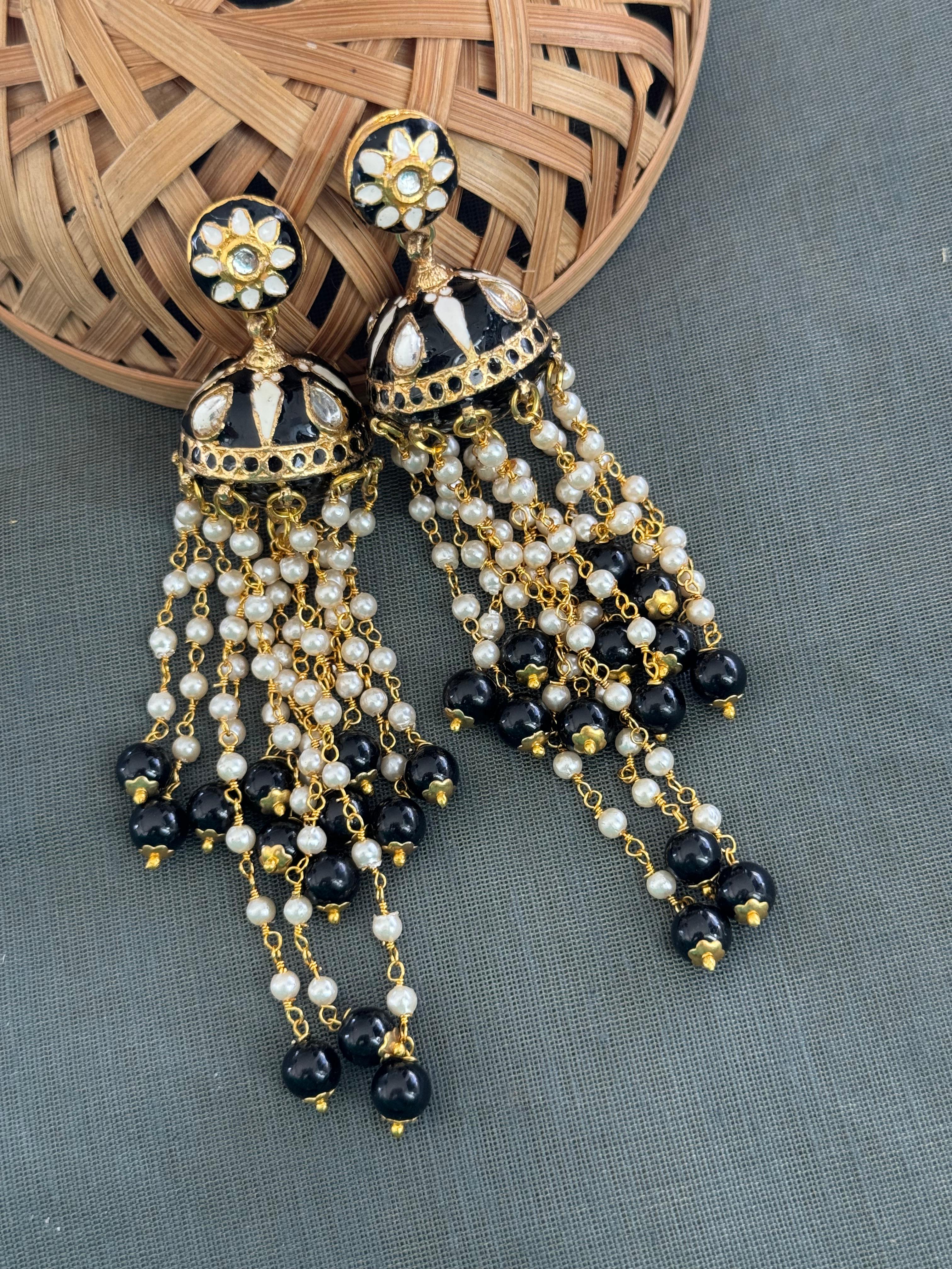 Black Meenakari Long Pearl Jhumki Earrings