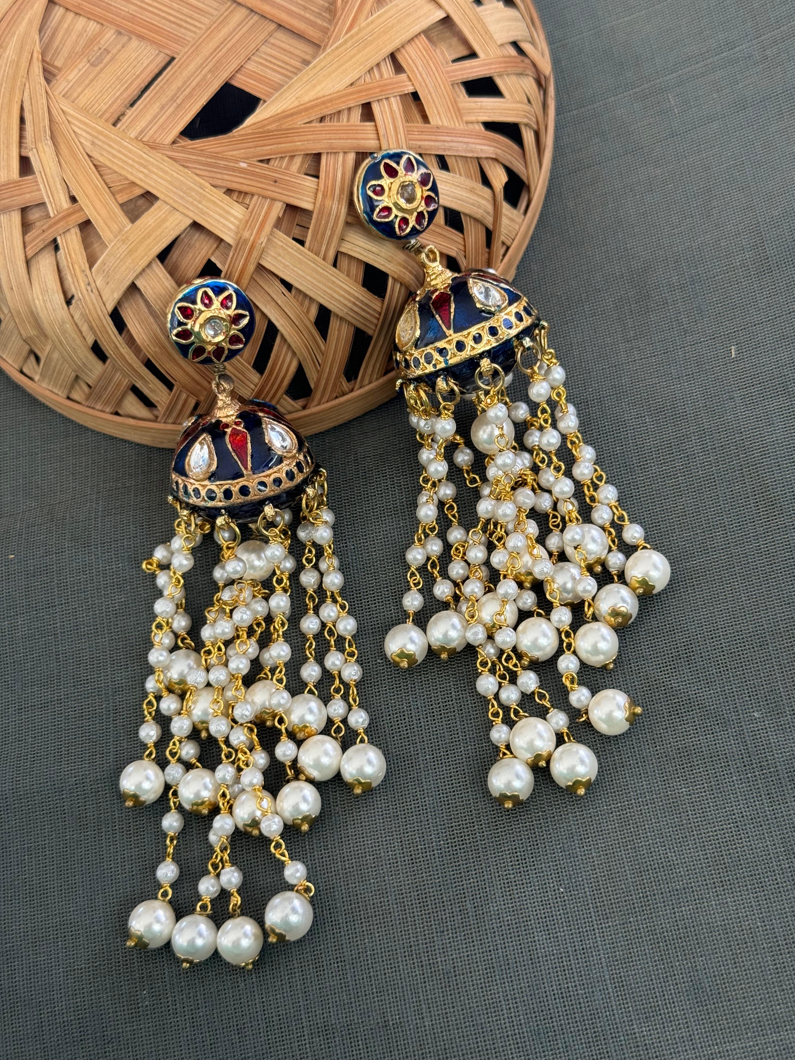 Dark Blue Meenakari Long Pearl Jhumki Earrings