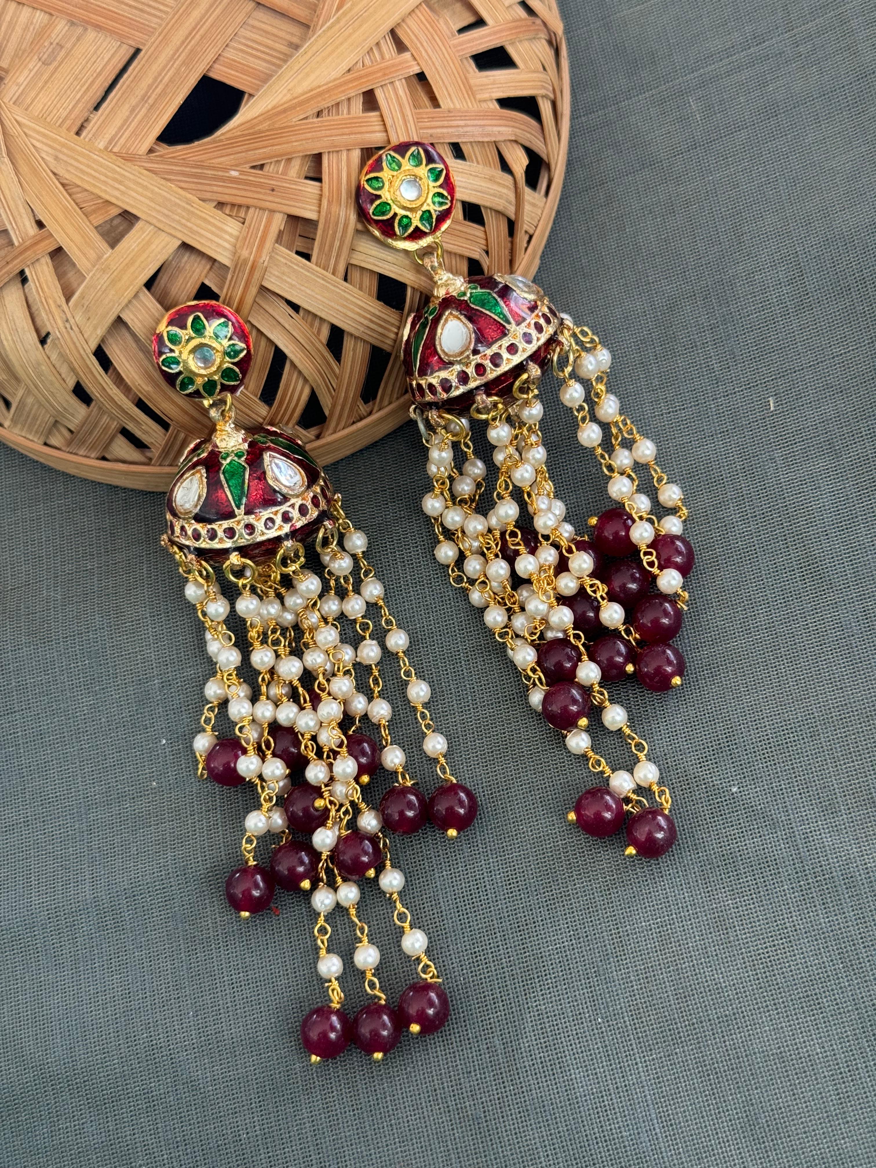 Maroon Meenakari Long Pearl Jhumki Earrings