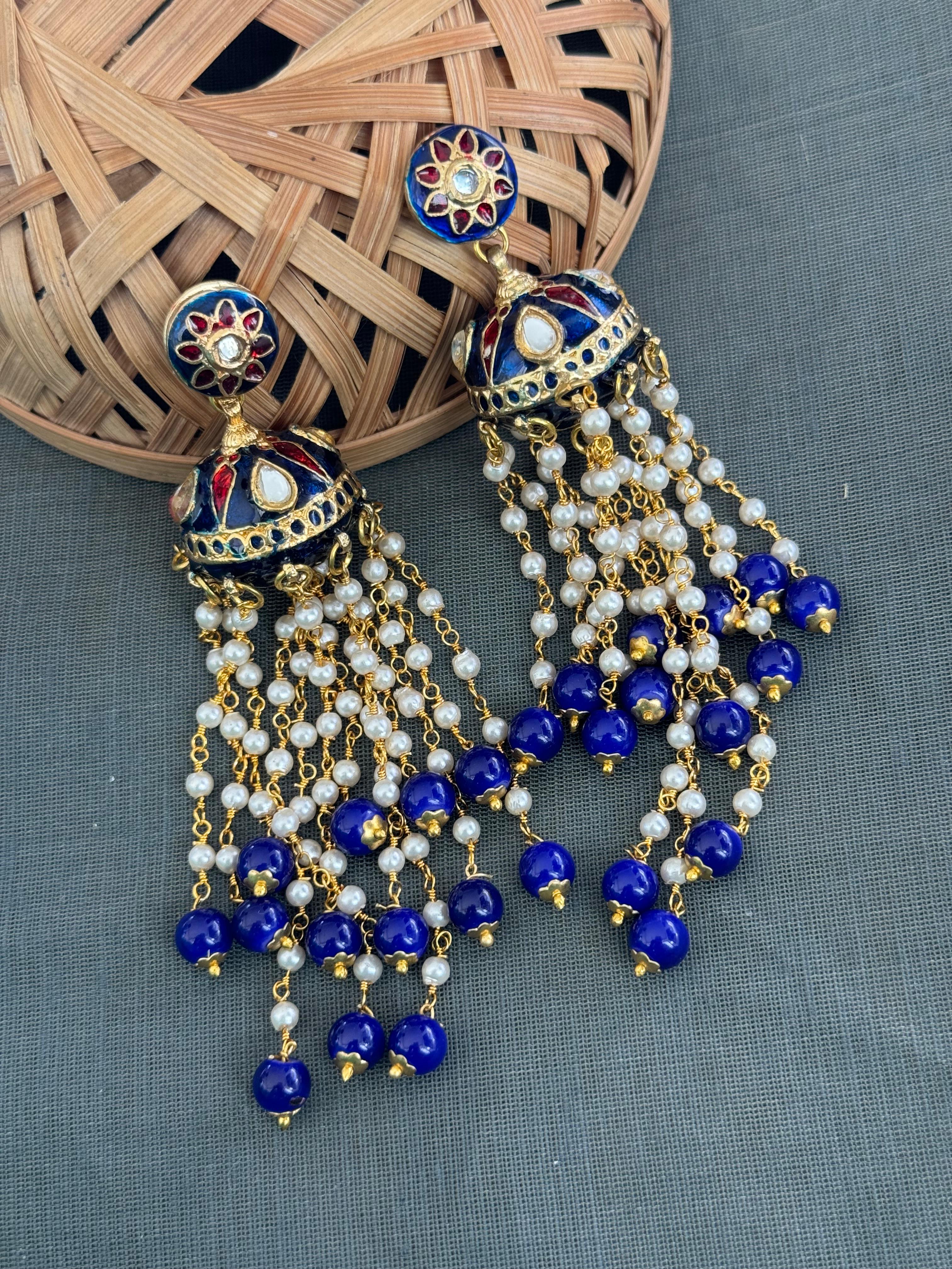 Dark Blue Meenakari Long Pearl Jhumki Earrings