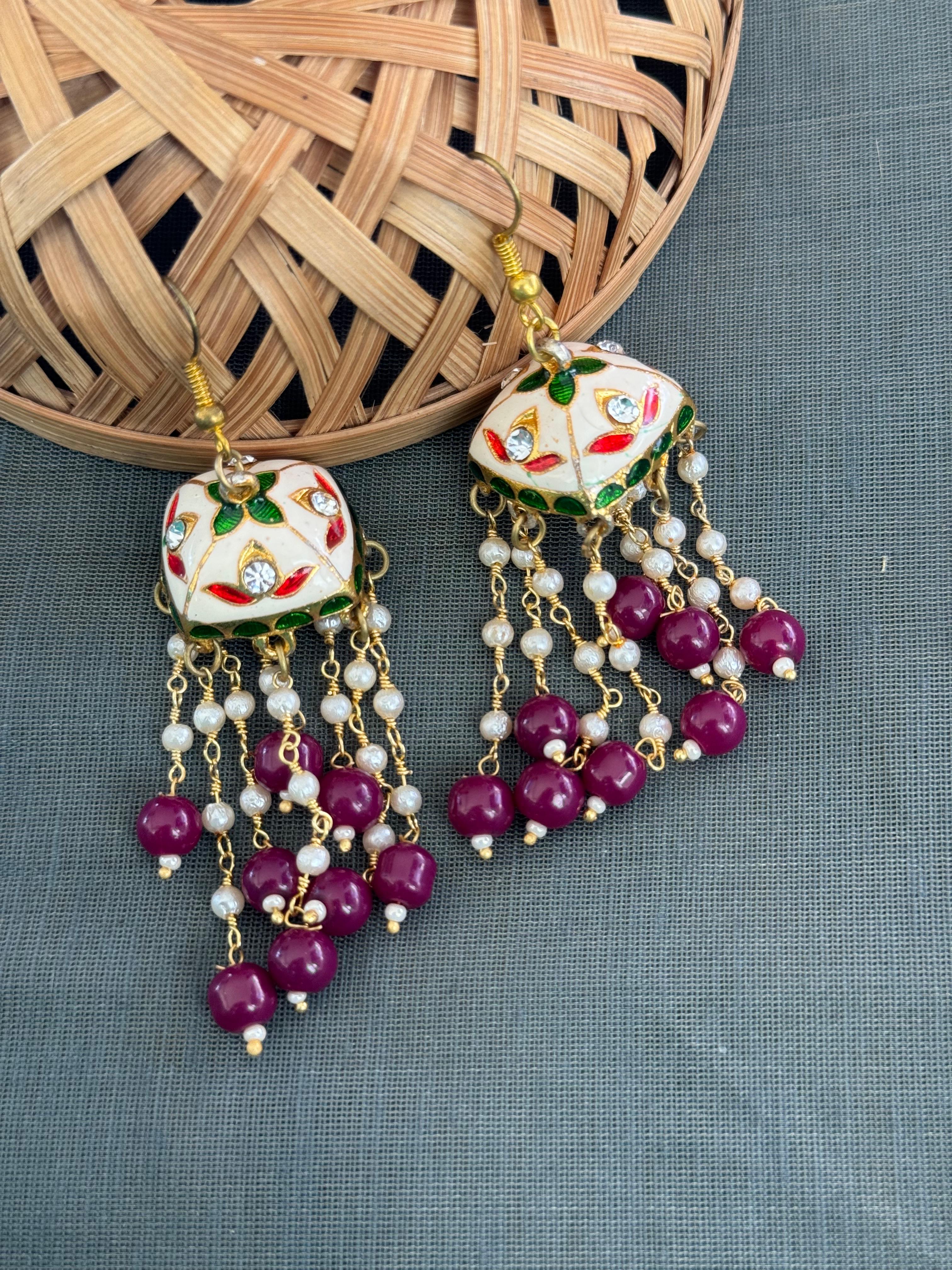 White Meenakari Long Pearl Earrings