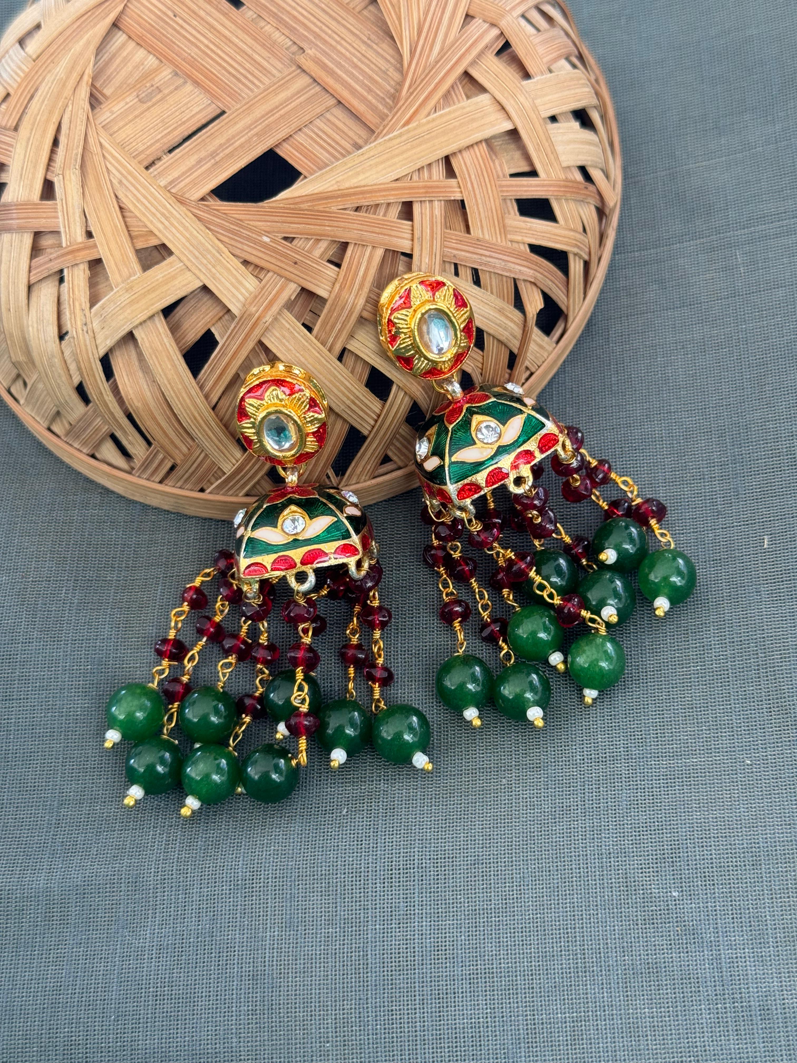 Maroon Green Meenakari Long Earrings