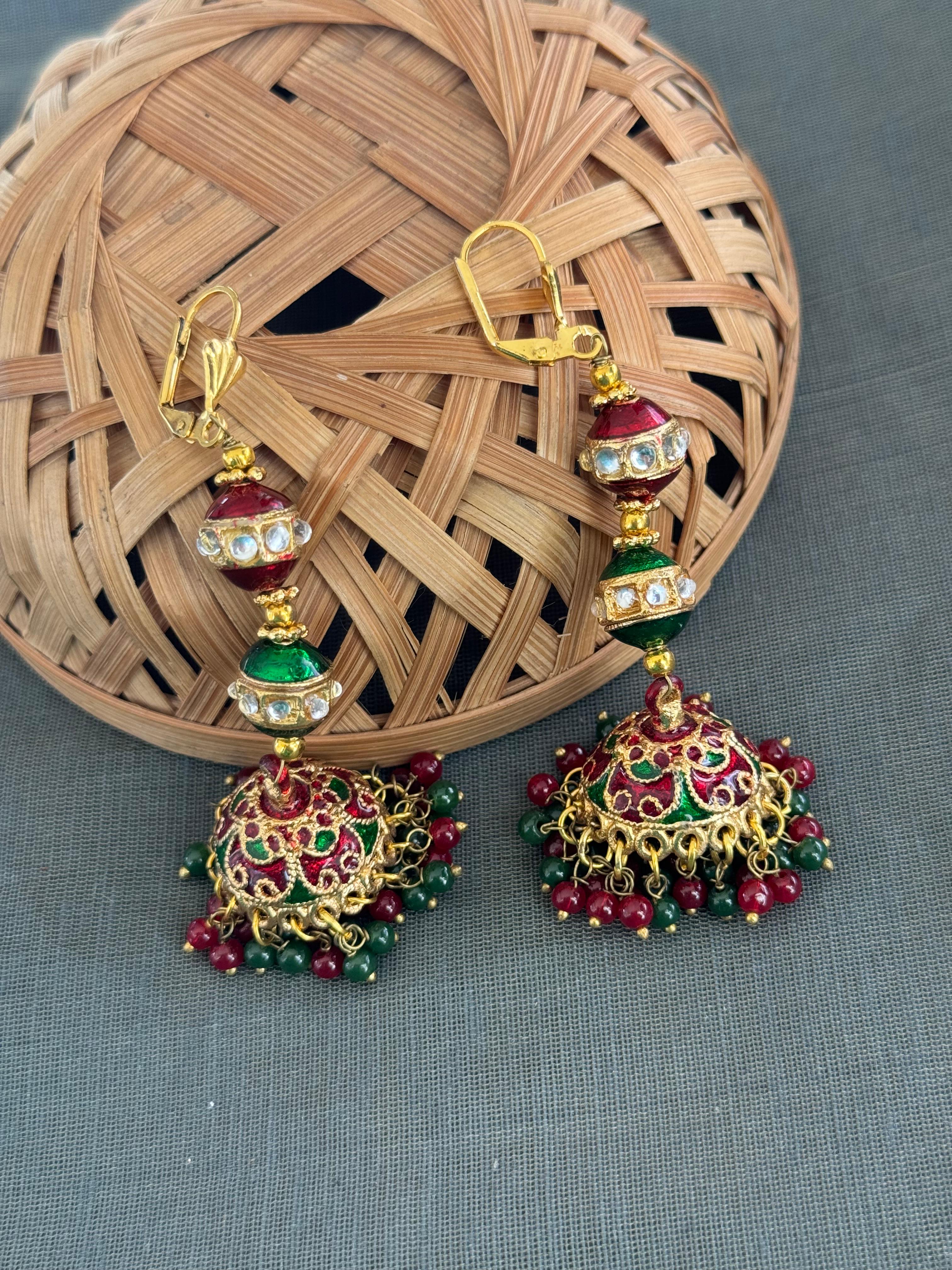 Red Green Long Beaded Gold Jhumki Earrings