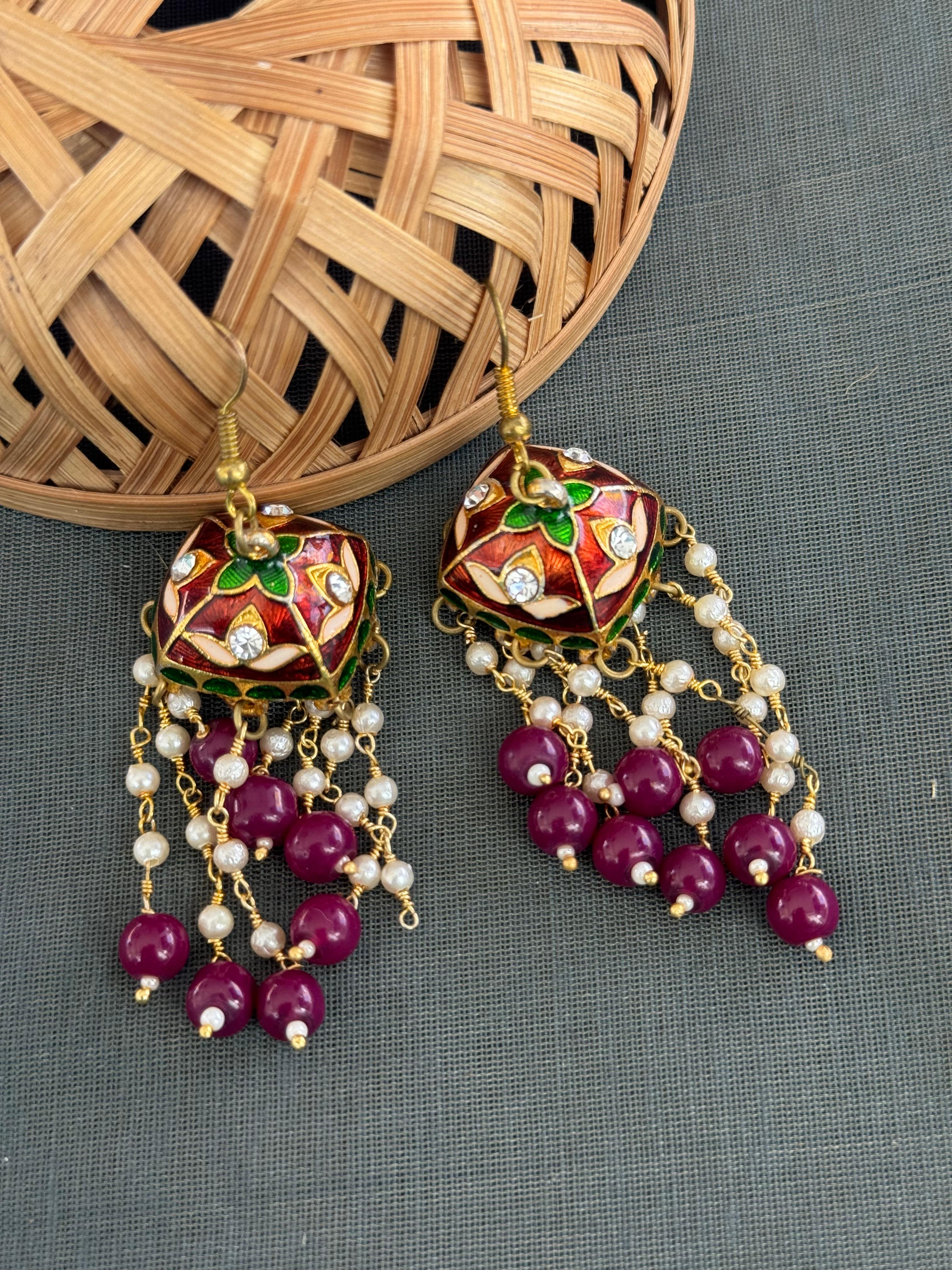 Maroon Meenakari Long Pearl Hoop Earrings