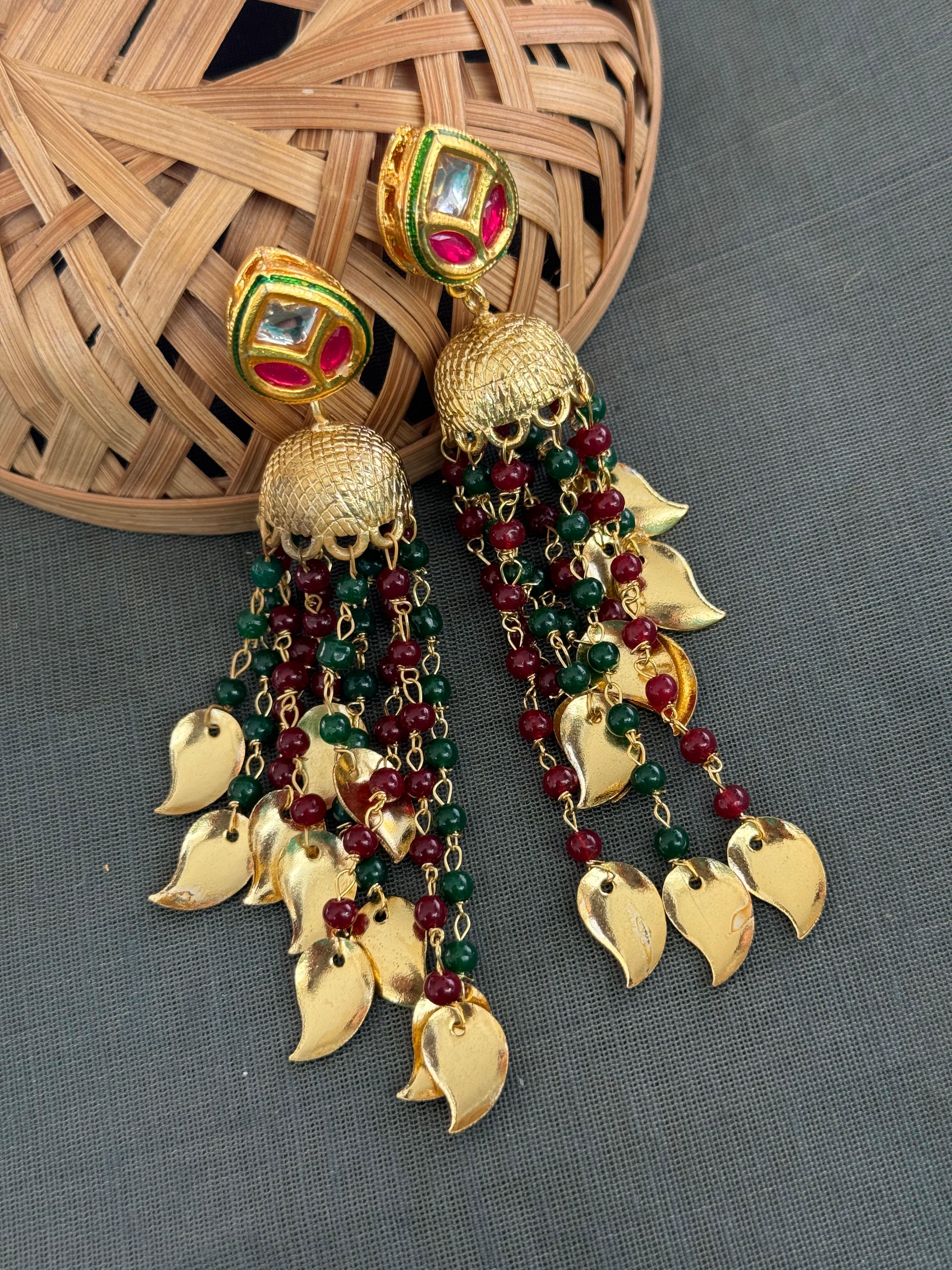 Red Green Beaded Gold Jhumki Earrings