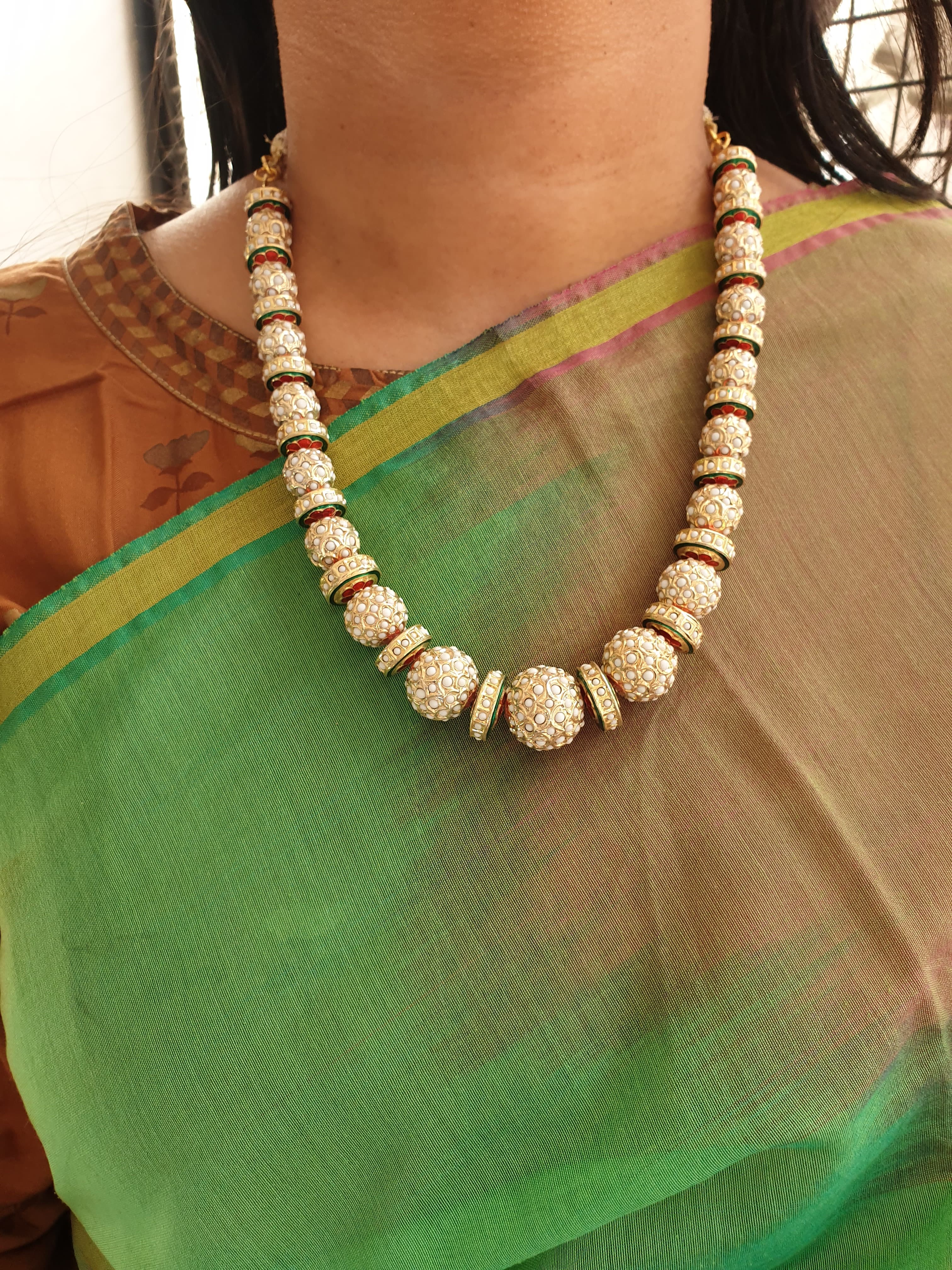 Gold Tone Pearl Jadau Beaded Necklace With Earrings