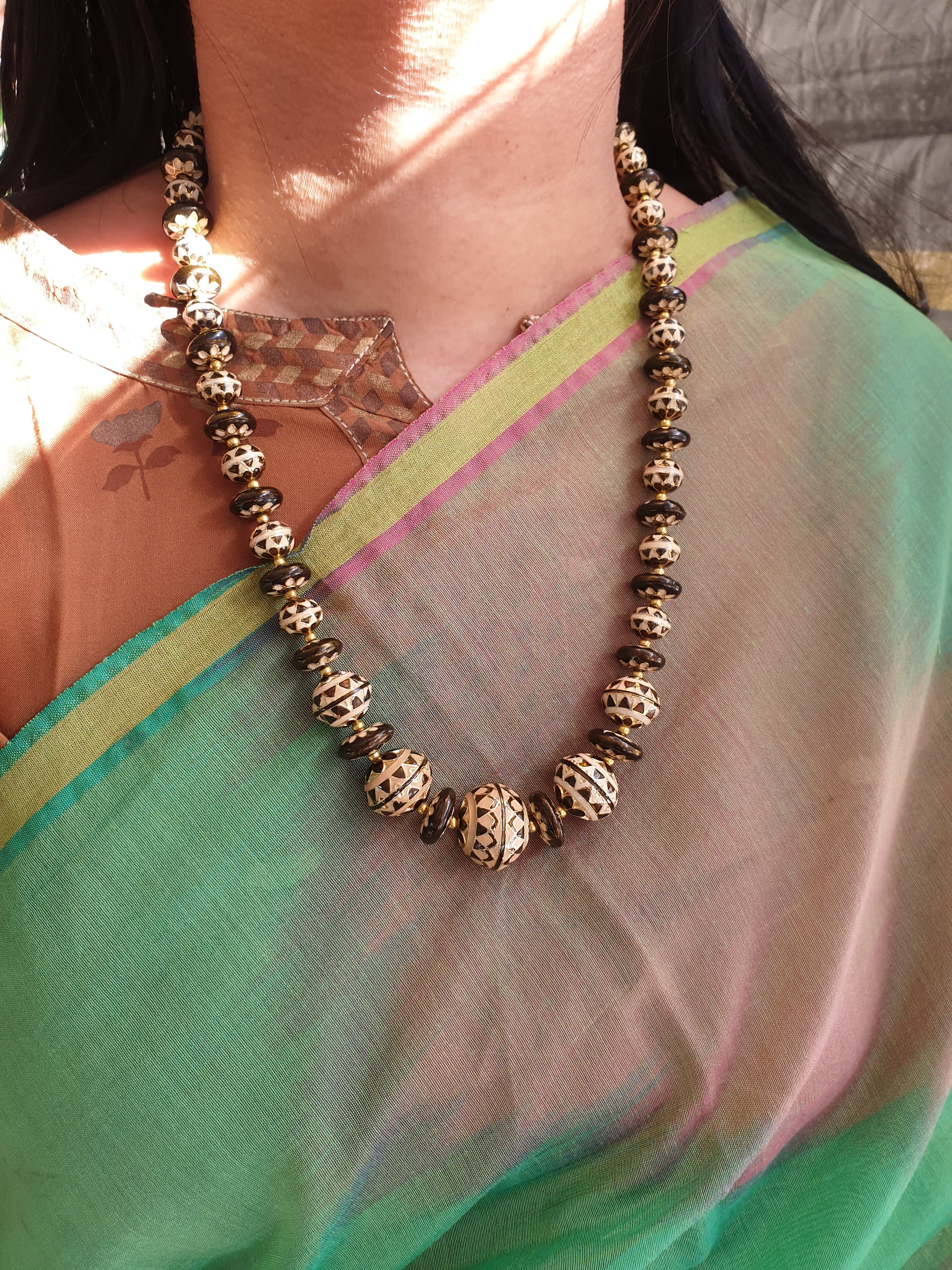 Golden Beige Beaded Meenakari Necklace