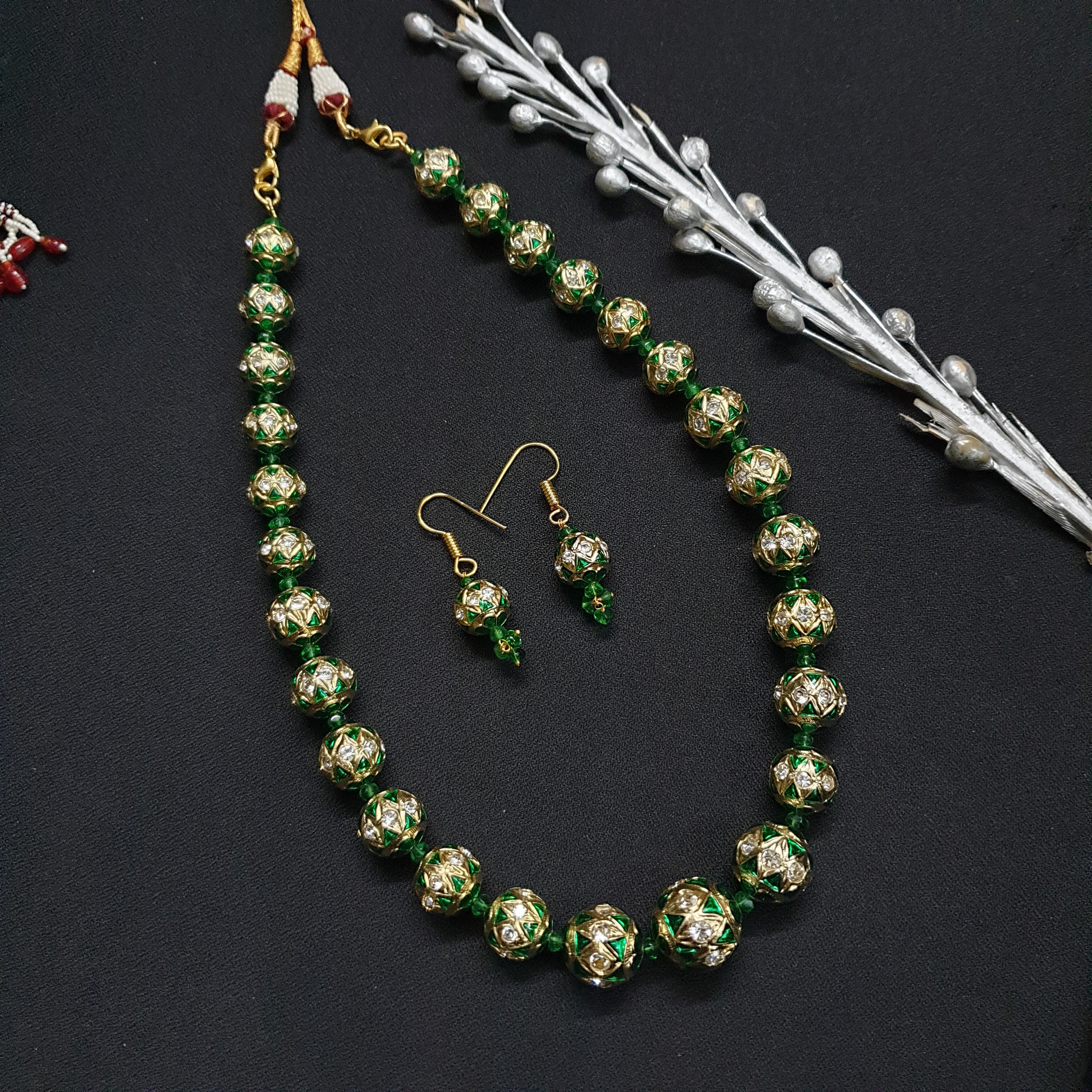 Green Meenakari Beaded Necklace With Earrings