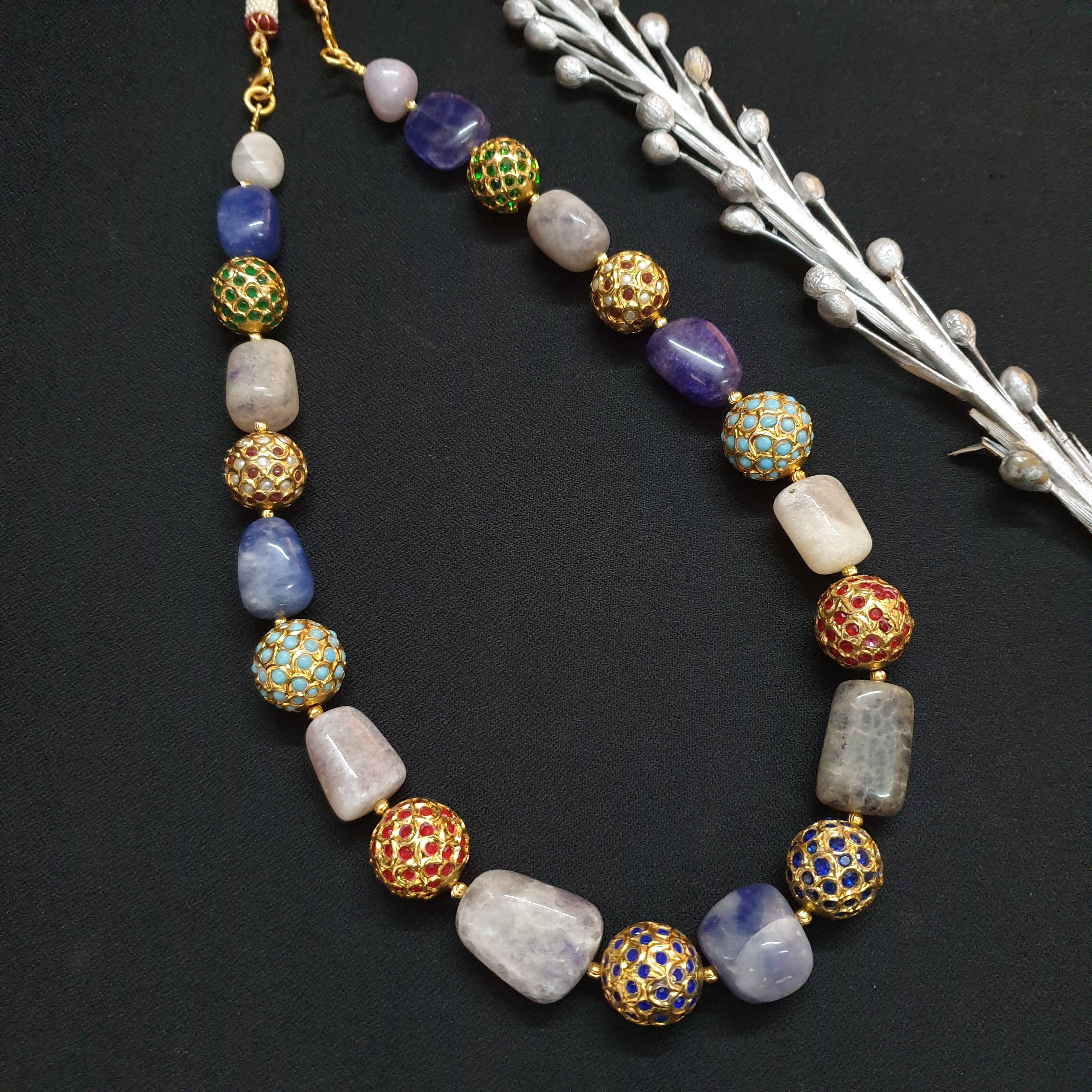 Blue Stone Jadau Bead Necklace With Earrings