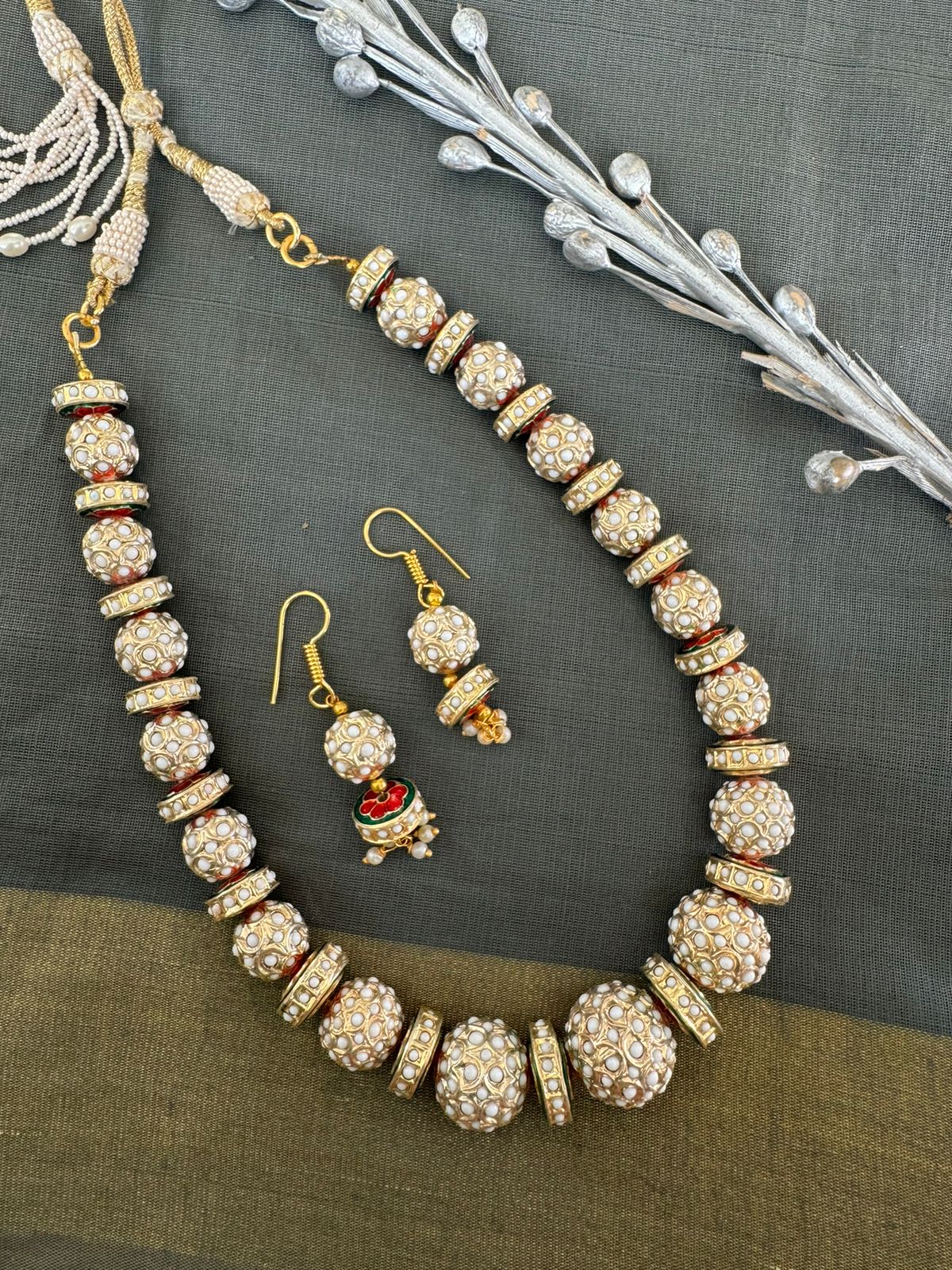 Gold Tone Pearl Jadau Beaded Necklace With Earrings