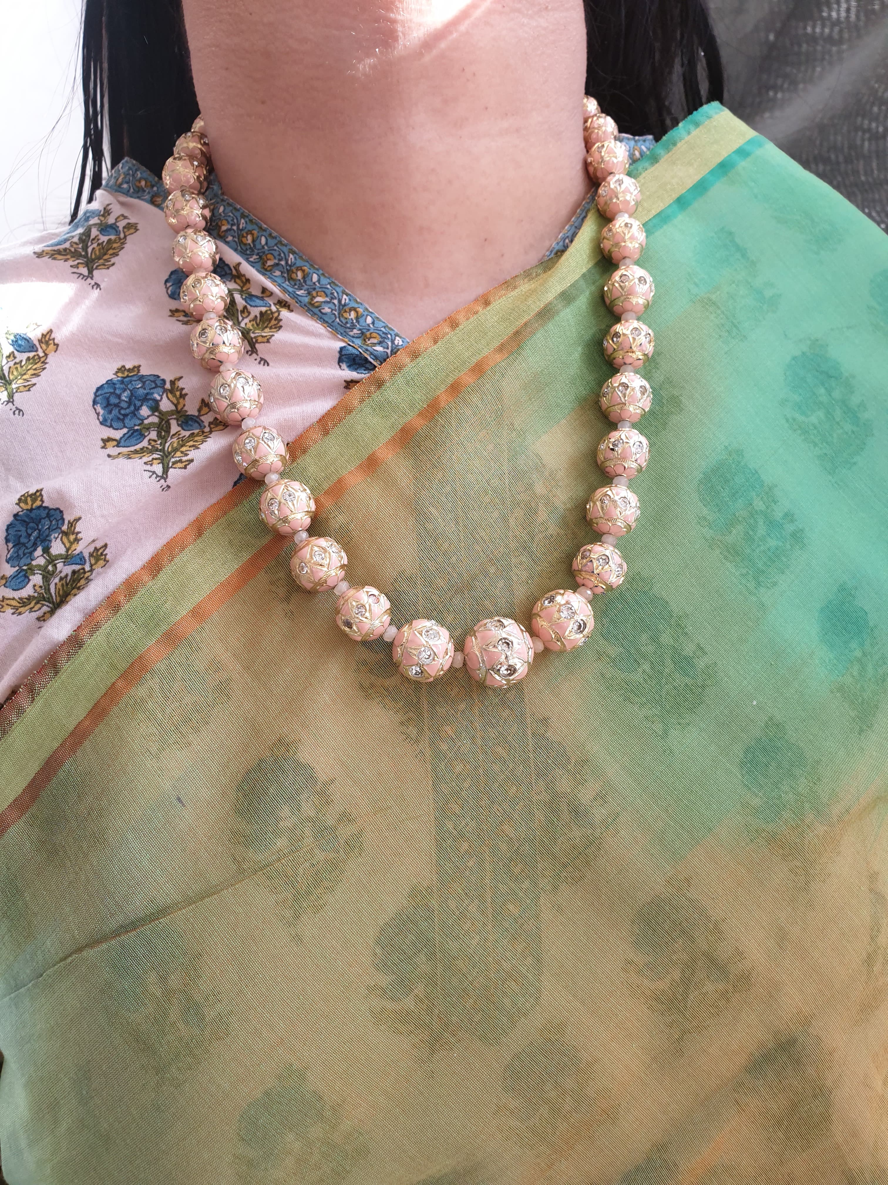 Baby Pink Meenakari Beaded Necklace With Earrings