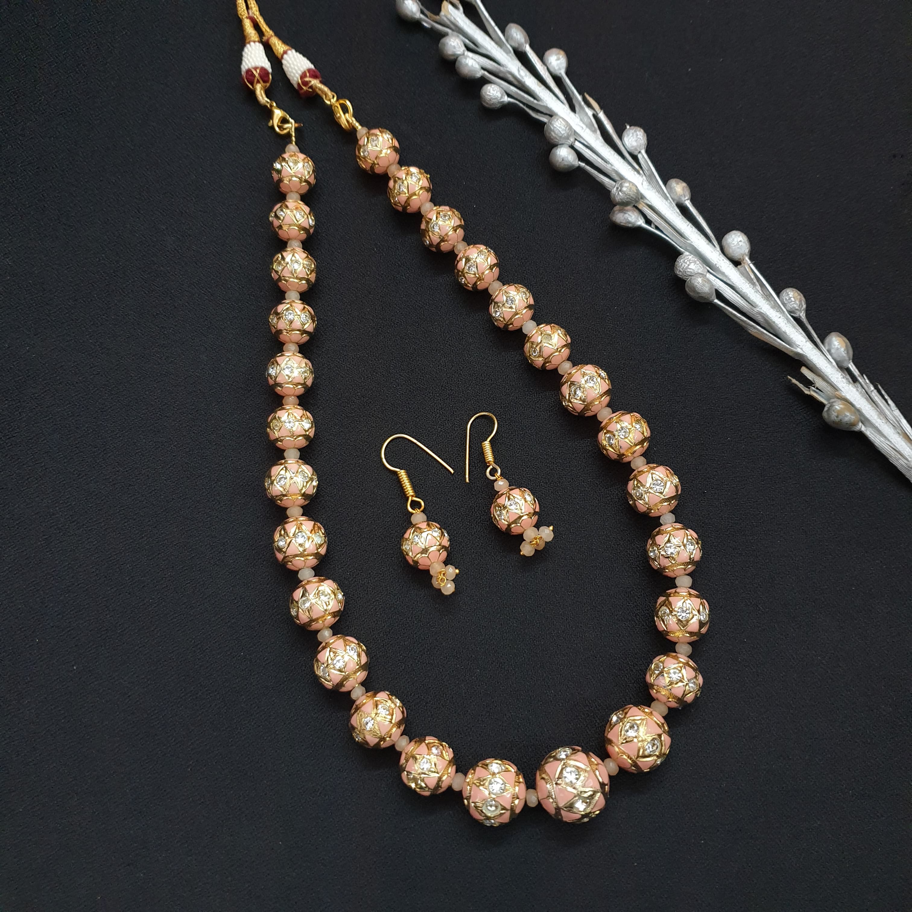 Baby Pink Meenakari Beaded Necklace With Earrings