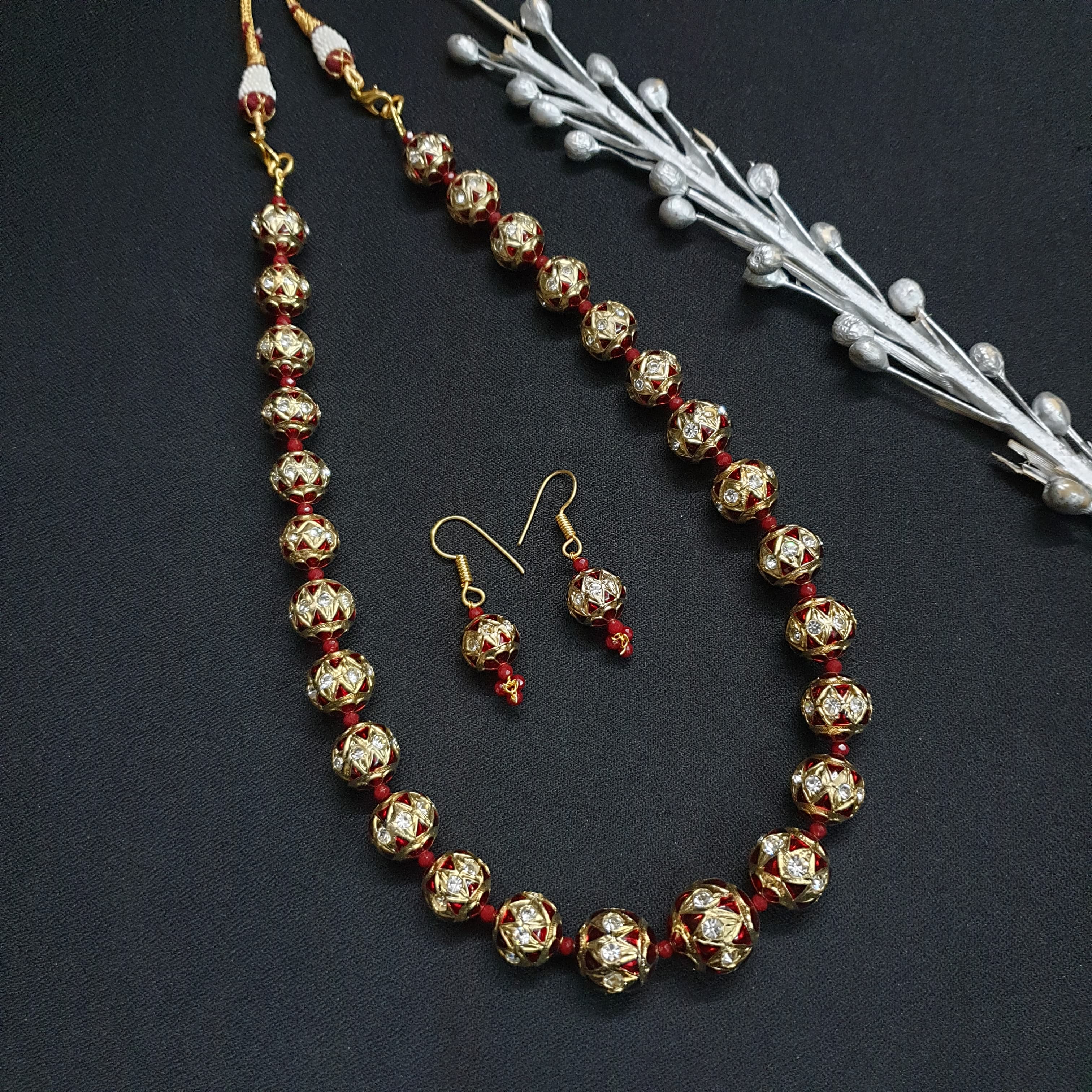 Maroon Meenakari Beaded Necklace With Earrings