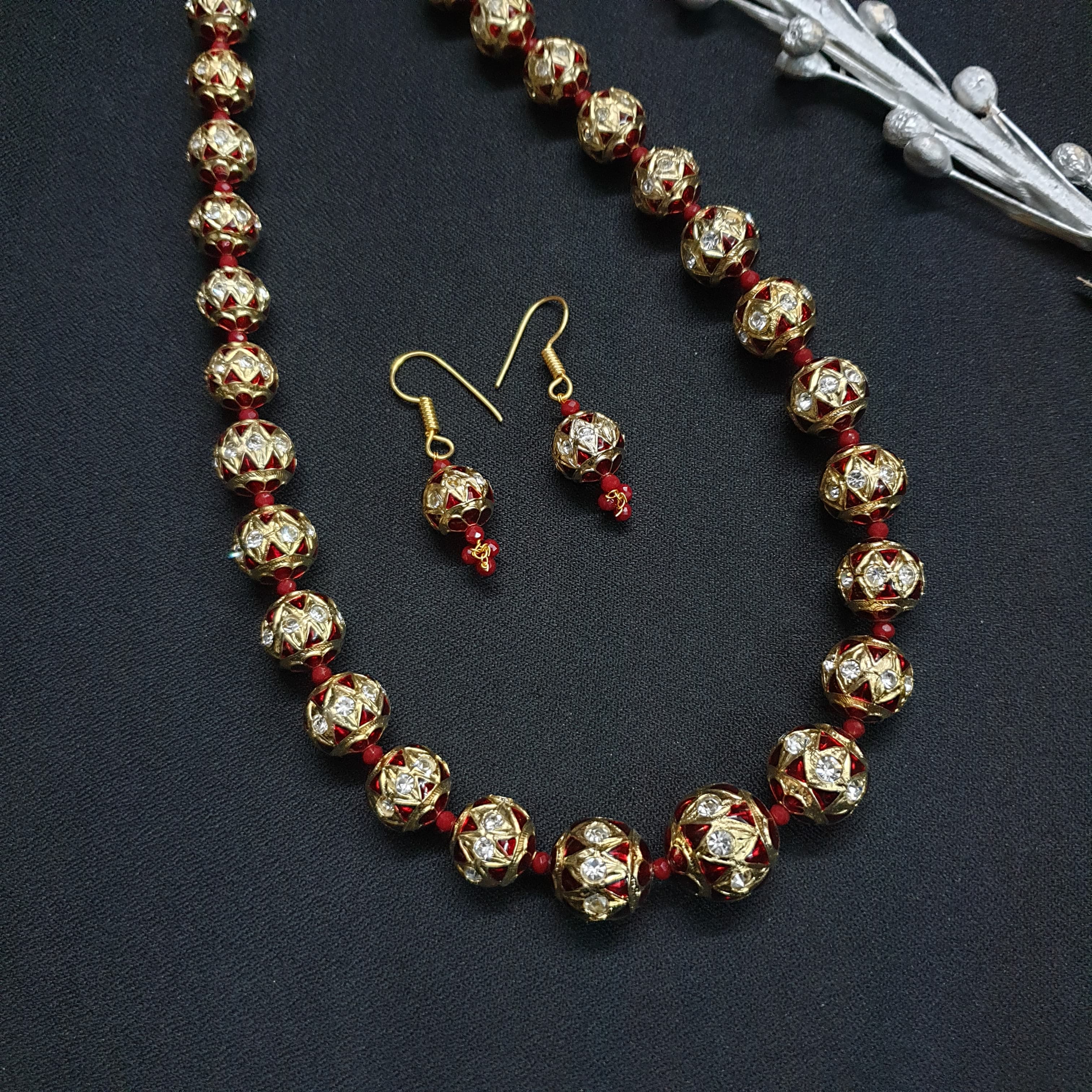 Maroon Meenakari Beaded Necklace With Earrings